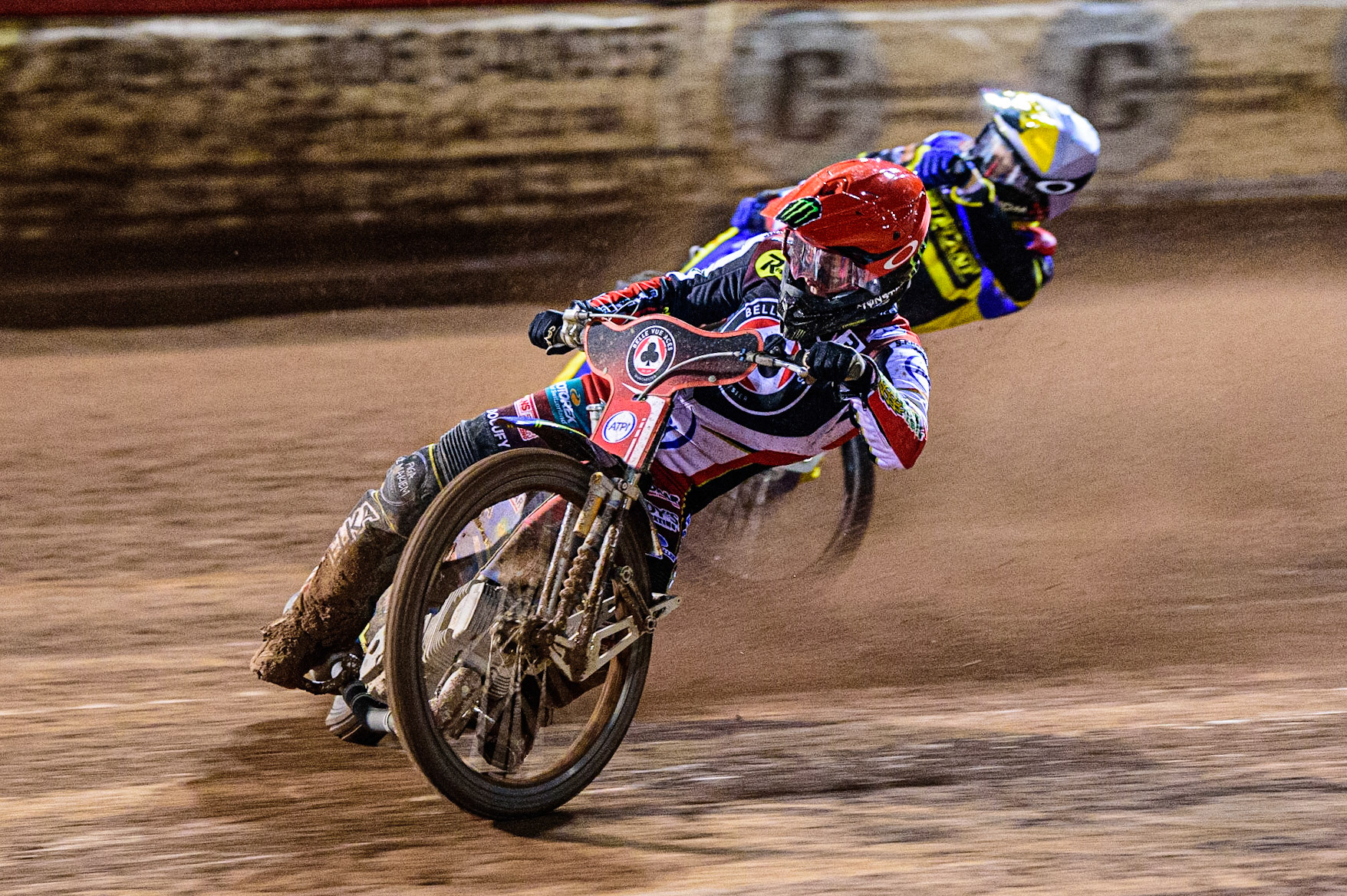 Jaimon Lidsey  (Red) leads Tobiasz Musielak  (White) during the SGB Premiership match between Belle Vue Aces and Sheffield Tigers at the National Speedway Stadium, Manchester on Monday 27th March 2023. (Photo: Ian Charles | MI News)