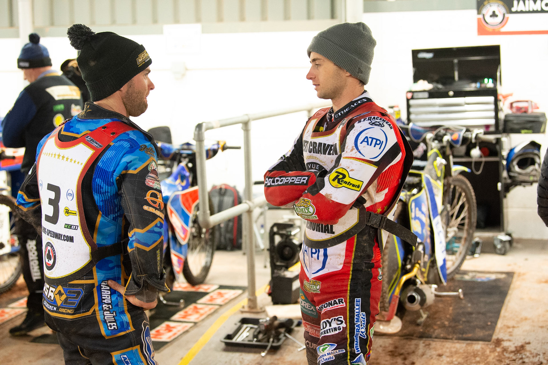 Justin Sedgmen (left) chats with Jaimon Lidsey  during the Peter Craven Memorial Trophy  at the National Speedway Stadium, Manchester on Monday 3rd April 2023. (Photo: Ian Charles | MI News)