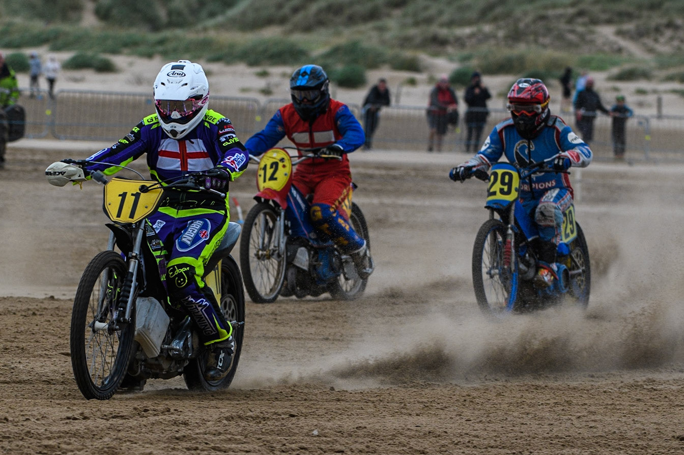 Paul Cooper (11) leads Daniel Winterton (12) and Mark Wrathall (29) during the Fylde ACU British Sand Racing Masters Championship at  St Annes on Sea, Lancashire on Sunday 30th July 2023. (Photo: Ian Charles | MI News)