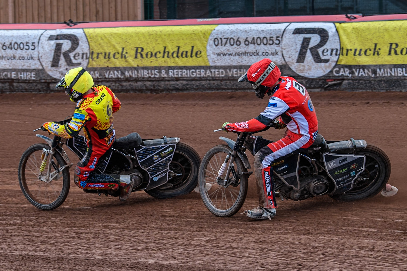 Belle Vue Colts' Matt Marson chases Leicester Lion Cubs' Luke Crang (Yellow) during the WSRA National Development League match between Belle Vue Colts and Leicester Lion Cubs at the National Speedway Stadium, Manchester on Friday 29th March 2024. (Photo: Ian Charles | MI News)