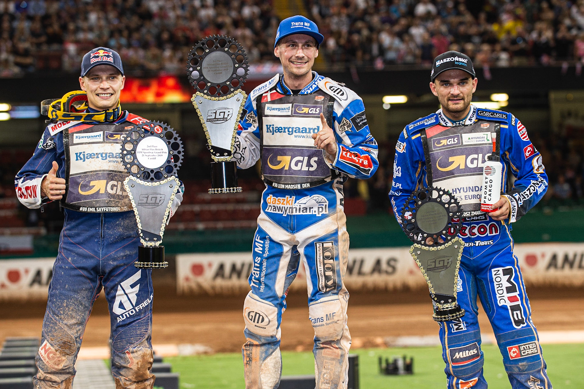 CARDIFF,WALES Top 3: Emil Saijfutdinov (2nd), Leon Madsen (Winner) Bartoz Zmarzlik (third) during the ADRIAN FLUX BRITISH FIM SPEEDWAY GRAND PRIX at the Principality Stadium, Cardiff on Saturday 21st September 2019. (Credit: Ian Charles | MI News)