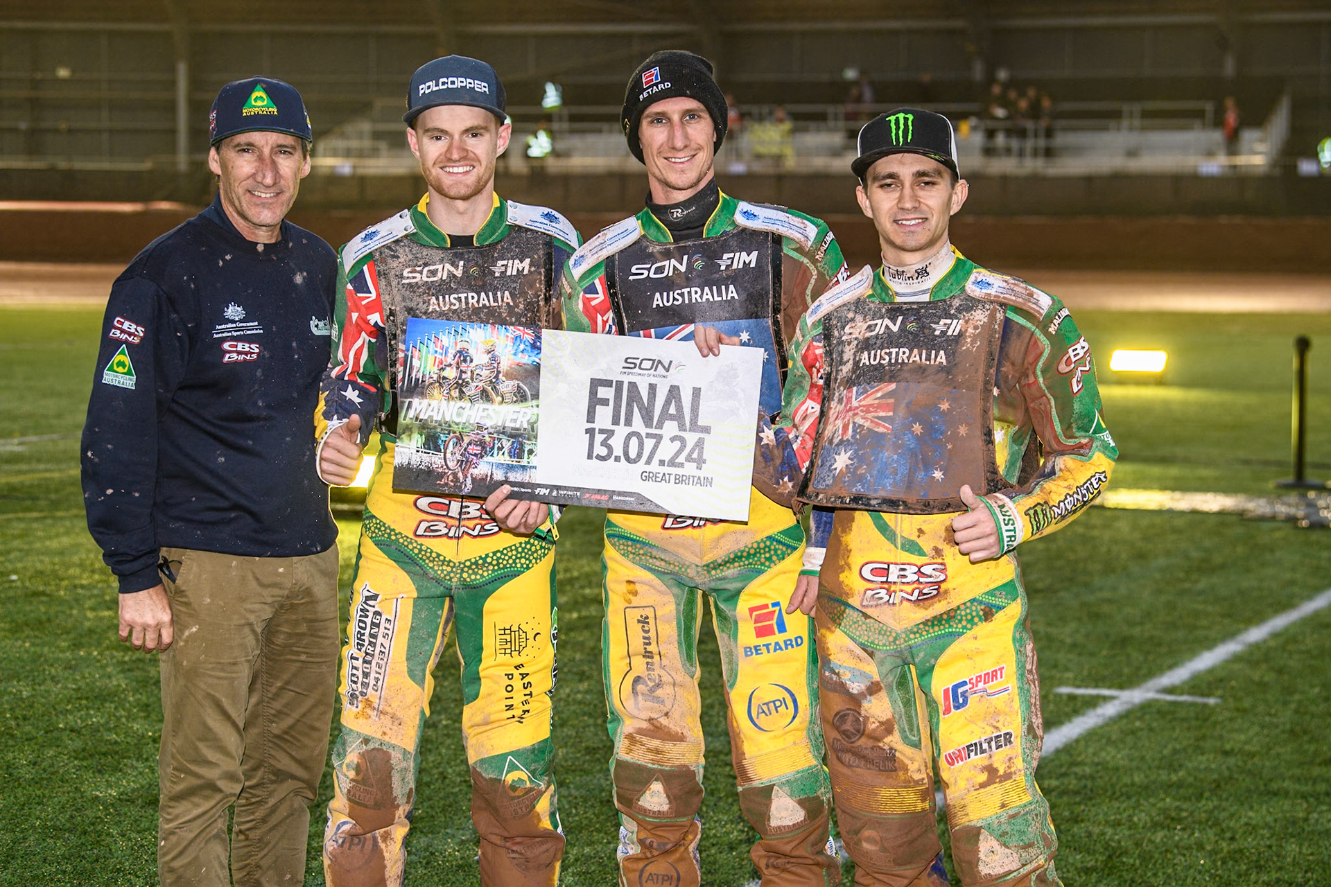 Australia - 2nd place: (L to R) Team manager, Mark Lemon, Brady Kurtz, Max Fricke (Captain) and Jack Holder during the Monster Energy FIM Speedway of Nation Semi Final 2 at the National Speedway Stadium, Manchester on Wednesday 10th July 2024. (Photo: Ian Charles | MI News)