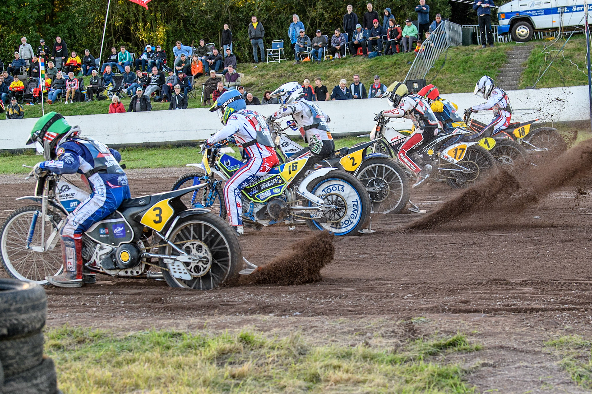 Heat 17: Great Britain v Czech: (L to R) Jan Macek (Green), Chris Harris (Blue), Hynek Stichauer (White), Andrew Appleton (Yellow), Josef Franc  (Red) and Zach Wajtknecht (Black &amp; White) during the FIM Long Track Of Nations event at the Speed Centre Roden on Sunday 24th September 2023. (Photo: Ian Charles | MI News)
