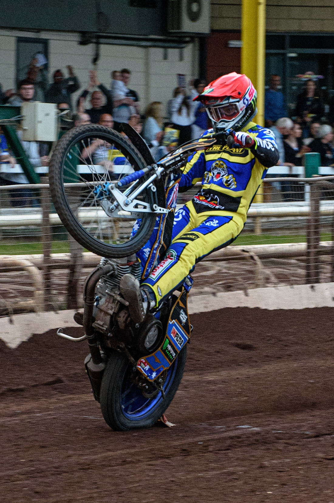 SHEFFIELD, UK. JULY 1ST     Sheffield TruPlant Tigers  Jack Holder  celebrates his win with a wheelie during the SGB Premiership match between Sheffield Tigers and Belle Vue Aces at Owlerton Stadium, Sheffield on Thursday 1st July 2021. (Credit: Ian Charles | MI News)