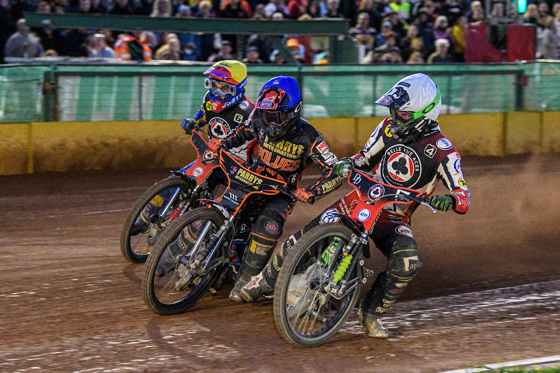 Charles Wright (White) inside Leon Flint (Blue) and Paco Castagna (Yellow) during the Sports Insure Premiership match between Wolverhampton Wolves and Belle Vue Aces at Monmore Green Stadium, Wolverhampton on Monday 29th May 2023. (Photo: Ian Charles | MI News)