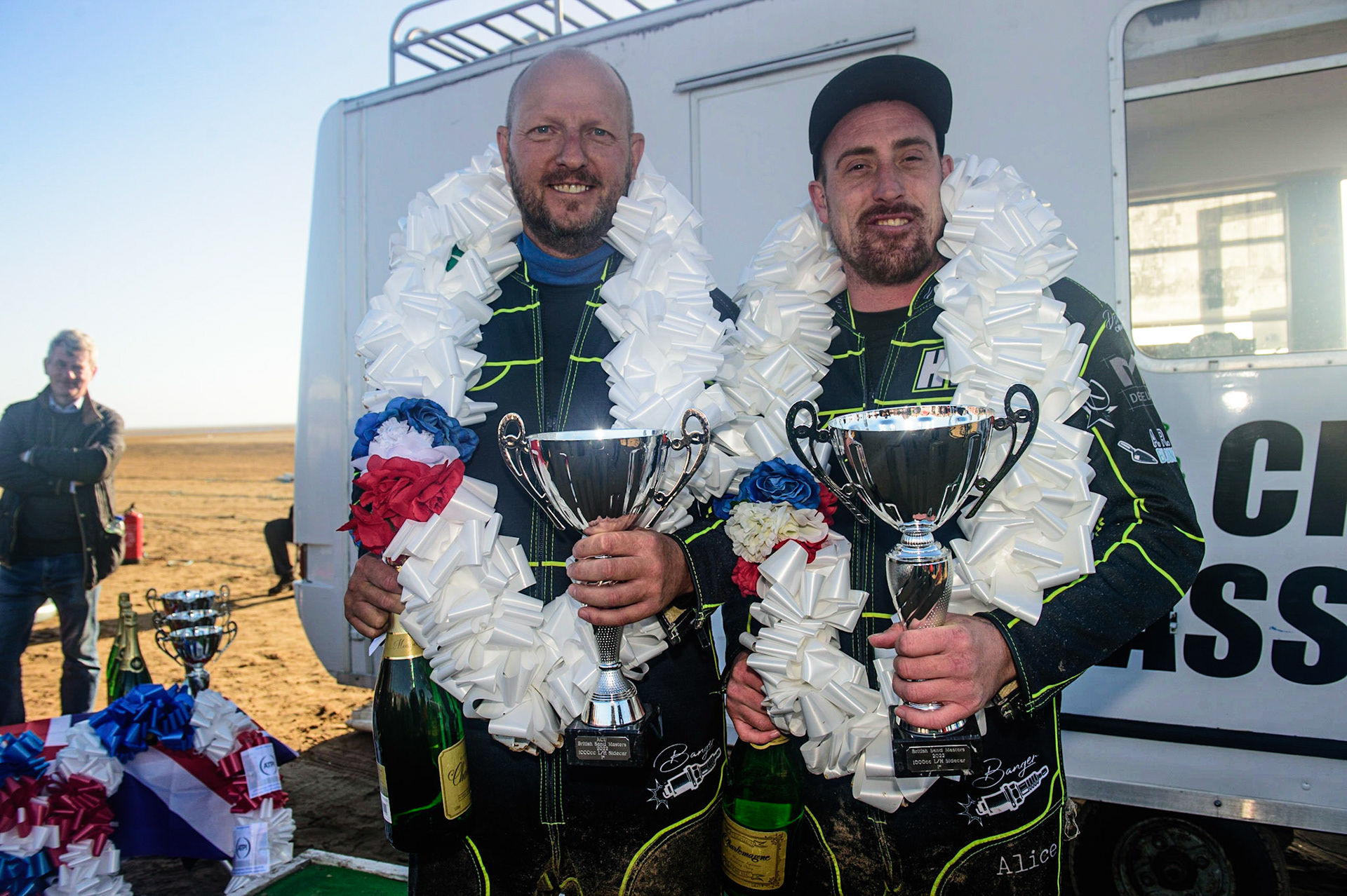 Rob Heath (left) &amp; Kyle Fish (18) winners of the Right Hand Sidecars class during the Fylde ACU British Sand Racing Masters Championship on  Sunday 2nd October 2022. (Credit: Ian Charles | MI News)