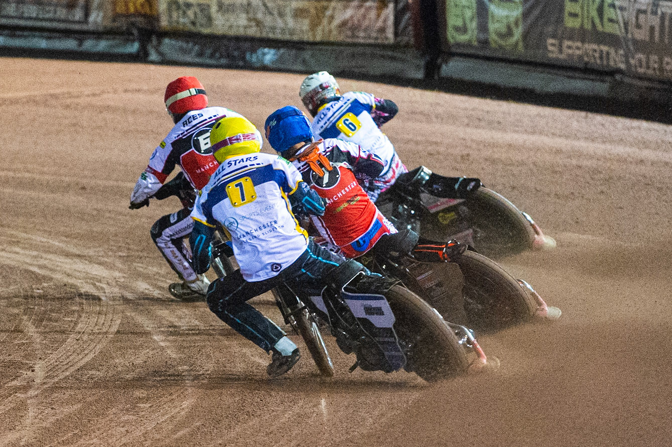 Photo: Ian CharlesLeon Flint of the 'ATPI' All Stars (White) leads Jordan Palin of Belle Vue 'BikeRight' Aces (Blue), Kyle Bickley of Belle Vue 'BikeRight' Aces (Red) and Josh MacDonald of the 'ATPI' All Stars (Yellow)Belle Vue ‘Bikerite ’Aces v ‘ATPI’ All Stars, Premiership Challenge, National Speedway Stadium, Manchester Thursday  24  September  2020