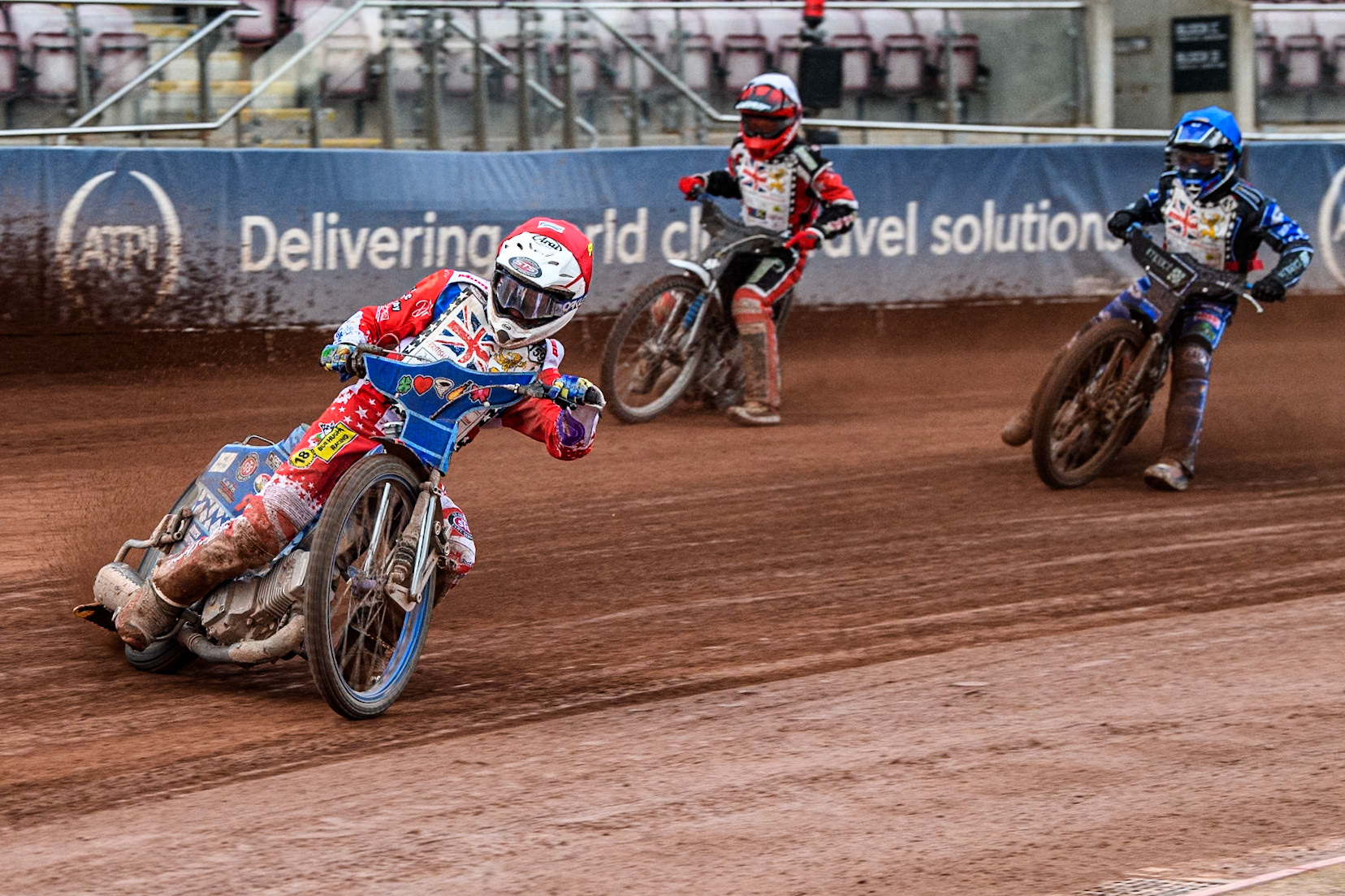 Stene Pijper (500cc)  in Red leading Hayden Watts (500cc)  in Blue and Joe Crewe (500cc)   in White during the British Youth 500cc Championships at the National Speedway Stadium, Manchester on Friday 2nd August 2024. (Photo: Ian Charles | MI News)