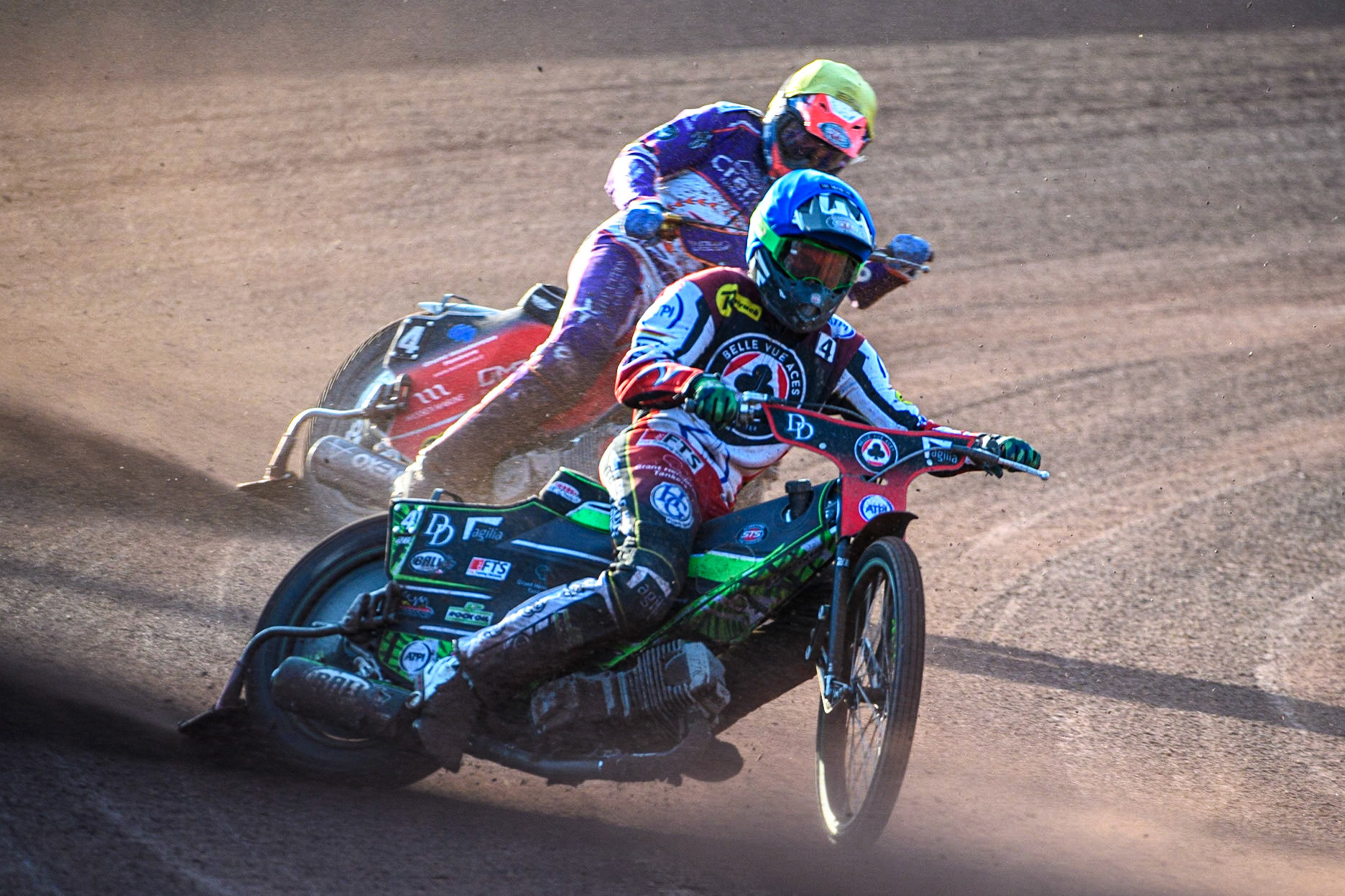 Charles Wright (Blue) leads Richie Worrall (Yellow) during the Sports Insure Premiership match between Belle Vue Aces and Peterborough at the National Speedway Stadium, Manchester on Monday 19th June 2023. (Photo: Ian Charles | MI News)