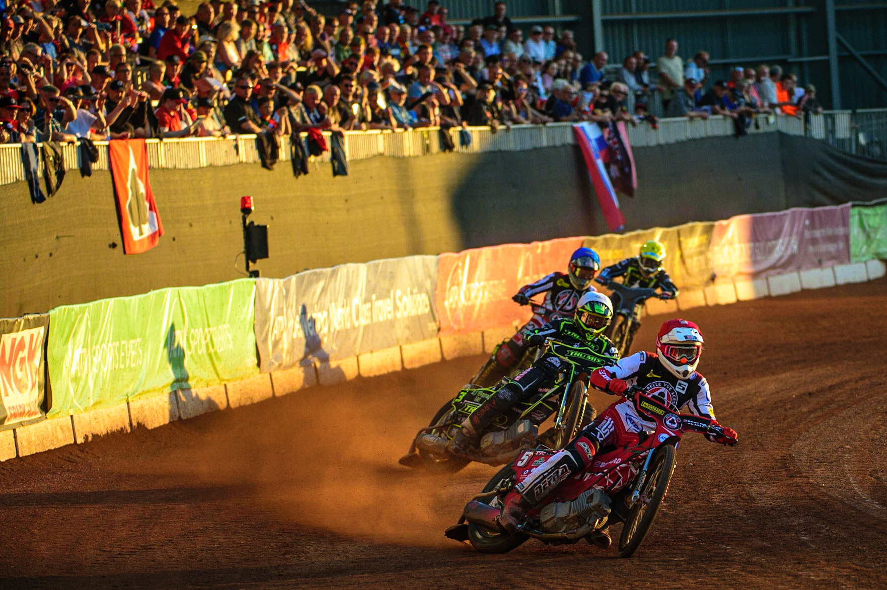 Max Fricke  (Red) leads Danny King  (White), Jye Etheridge  (Blue) and Rohan Tungate (Yellow) during the SGB Premiership match between Belle Vue Aces and Ipswich Witches at the National Speedway Stadium, Manchester on Monday 8th August 2022. (Credit: Ian Charles | MI News)