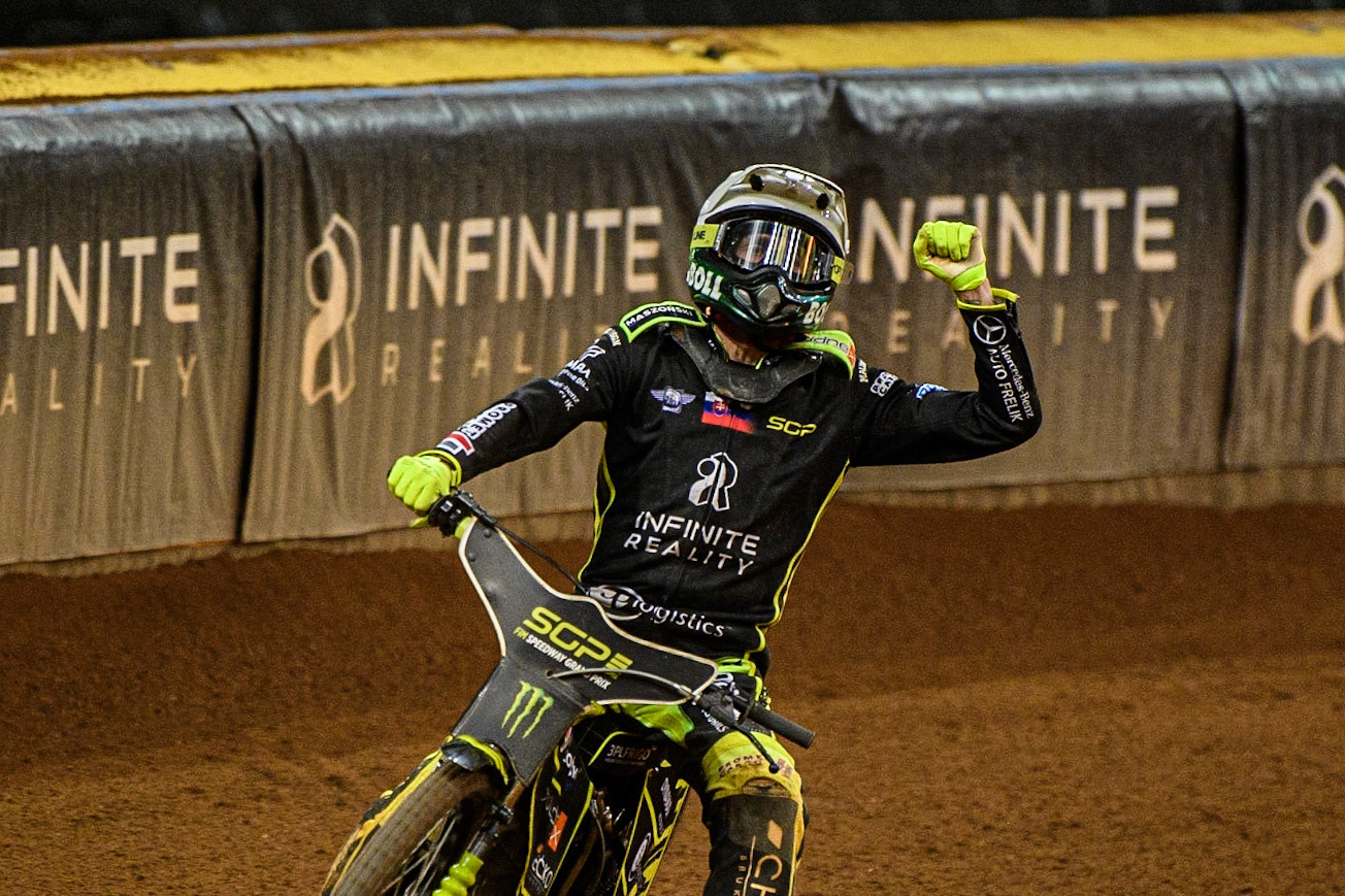 Martin Vaculik (54) celebrates his Grand Prix win in Cardiff during the FIM Speedway Grand Prix of Great Britain at the Principality Stadium, Cardiff on Saturday 2nd September 2023. (Photo: Ian Charles | MI News)