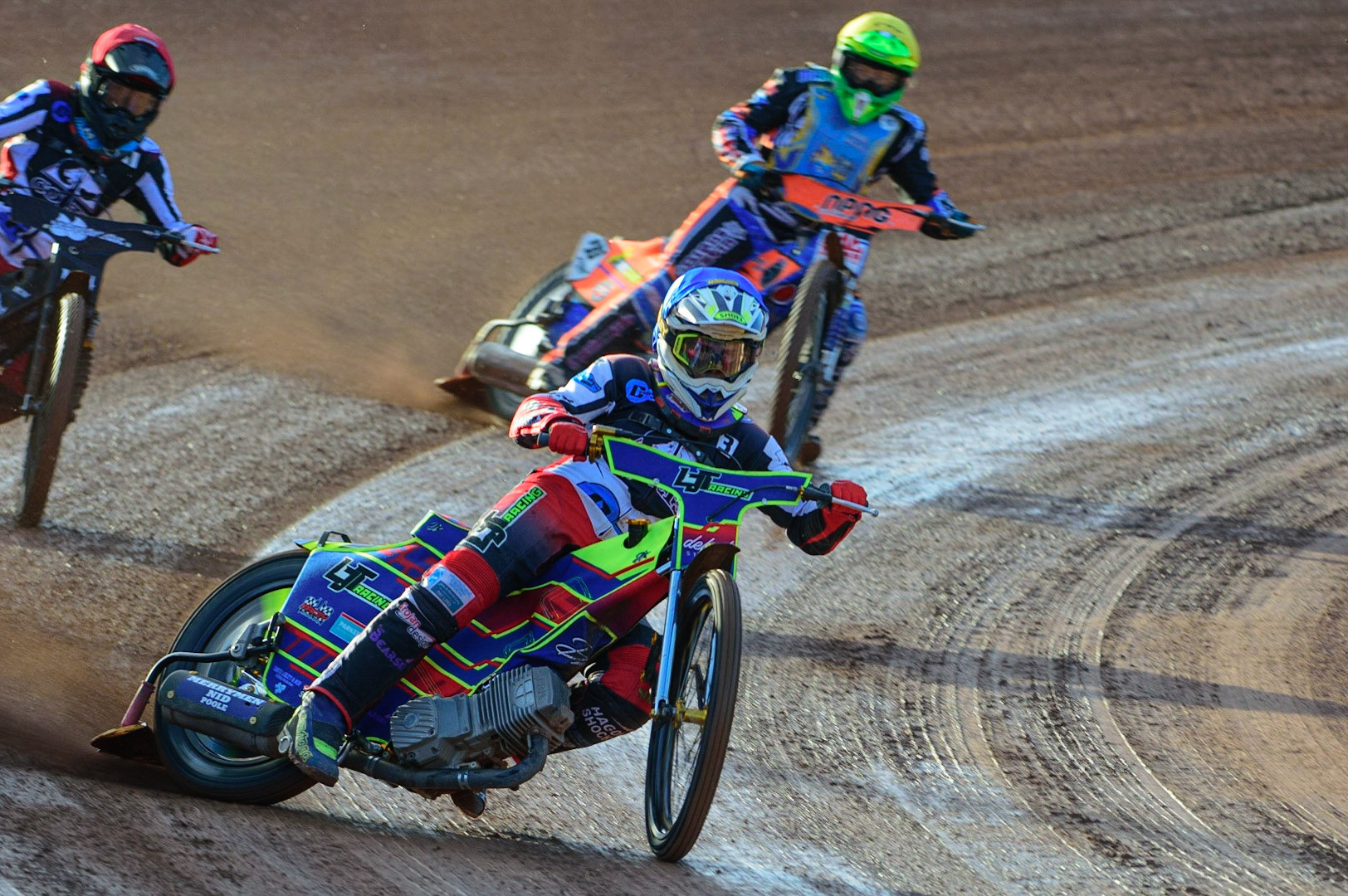MANCHESTER, UK. MAY 27TH  Nathan Ablitt  (Blue) leads Josh Embleton  (Yellow) during the National Development League match between Belle Vue Colts and Armadale Devils at the National Speedway Stadium, Manchester on Friday 27th May 2022. (Credit: Ian Charles | MI News)