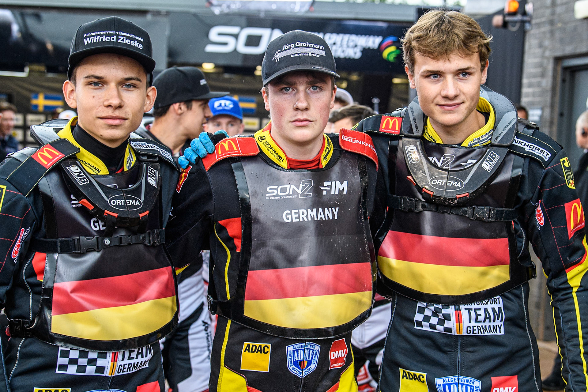 GERMANY: (L to R) Patrick Hyjek, Norick Blödorn and Jonny Wynant during the Monster Energy FIM Speedway of Nations 2 (Under 21) Final at the National Speedway Stadium, Manchester on Friday 12th July 2024. (Photo: Ian Charles | MI News)