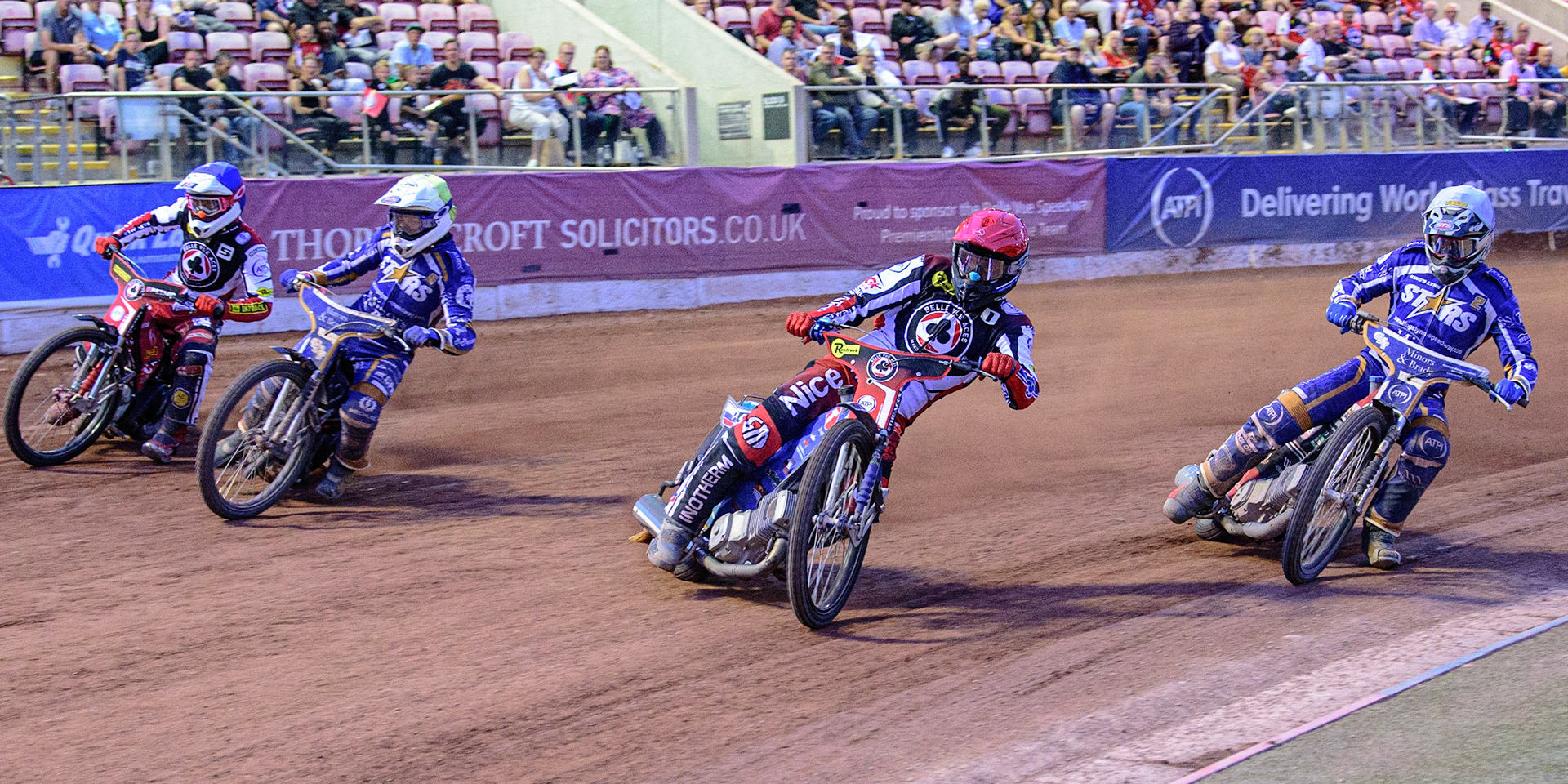 MANCHESTER UK  Matej Zagar  (Red) leads Richie Worrall  (White), Josh Pickering (Yellow) and Max Fricke  (Blue) during the SGB Premiership match between Belle Vue Aces and King's Lynn Stars at the National Speedway Stadium, Manchester on Monday 11th July 2022. (Credit: Ian Charles | MI News)
