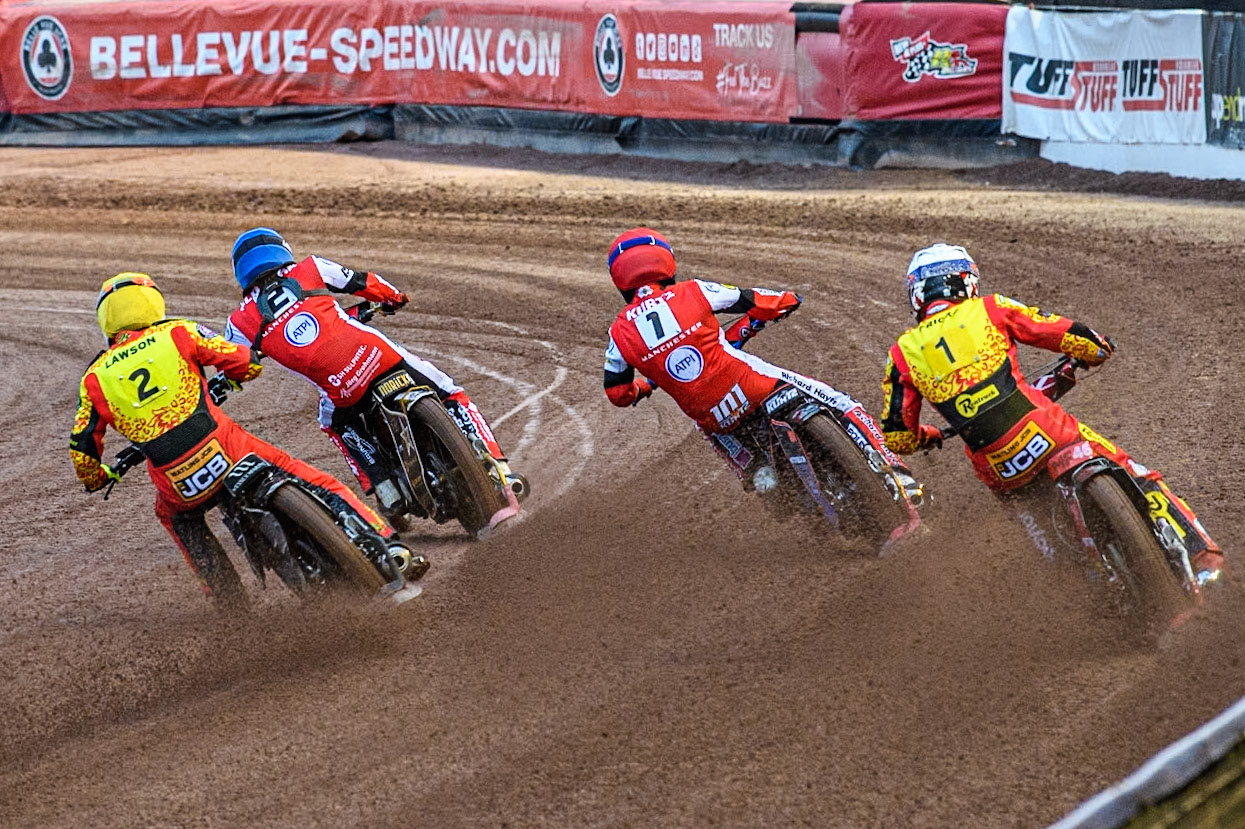 Richard Lawson of Leicester Lions in Yellow and Max Fricke of Leicester Lions in White chase Brady Kurtz of Belle Vue Aces in Red and Norick Blödorn of Belle Vue Aces in Blue during the Rowe Motor Oil Premiership match between Belle Vue Aces and Leicester Lions at the National Speedway Stadium, Manchester on Saturday 6th April 2024. (Photo: Ian Charles | MI News)