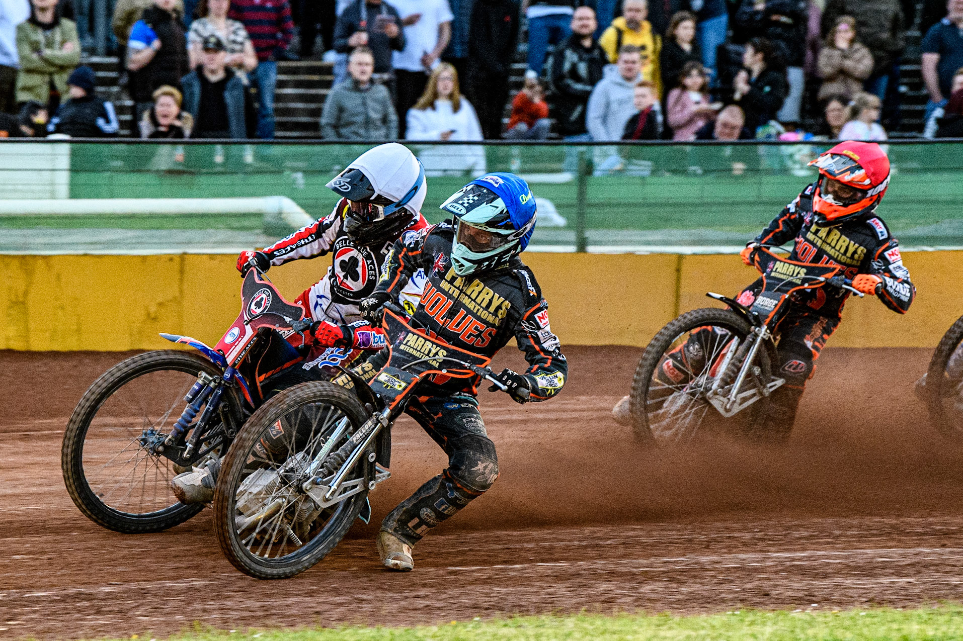 Ryan Douglas (Blue) inside Brady Kurtz (White) with Luke Becker (Red) behind during the Sports Insure Premiership match between Wolverhampton Wolves and Belle Vue Aces at Monmore Green Stadium, Wolverhampton on Monday 29th May 2023. (Photo: Ian Charles | MI News)