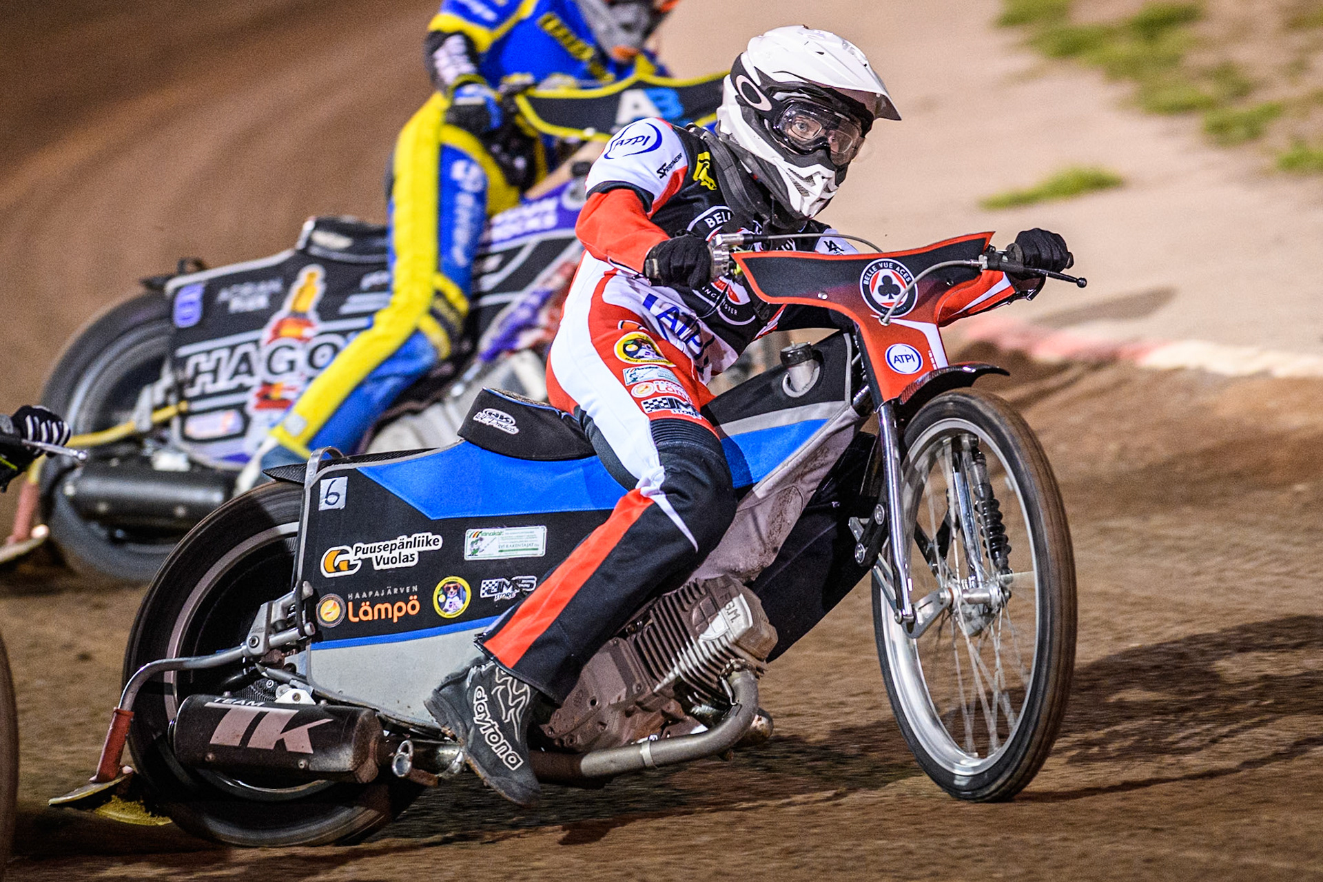 Belle Vue Aces' Antti Vuolas  in action during the Rowe Motor Oil Premiership Play Off Semi Final 2nd leg between Sheffield Tigers and Belle Vue Aces at Owlerton Stadium, Sheffield on Thursday 19th September 2024. (Photo: Ian Charles | MI News)