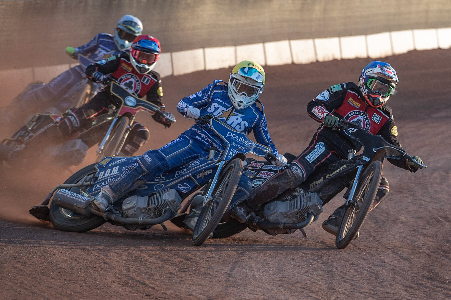 Photo: Ian Charles

​Erik Riss​​  (Yellow) passes ​Ricky Wells​​  (Blue) on the outside, with ​Max Fricke   (Red) and ​Ty Proctor  (White) behind

Belle Vue Aces v Kings Lynn Stars, British Speedway Premiership, Belle Vue National Speedway Stadium, Manchester, Thursday 16  May  2019
