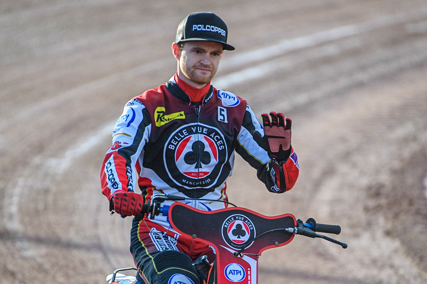 Brady Kurtz on the parade lap during the Sports Insure Premiership match between Belle Vue Aces and Ipswich Witches at the National Speedway Stadium, Manchester on Monday 17th July 2023. (Photo: Ian Charles | MI News)