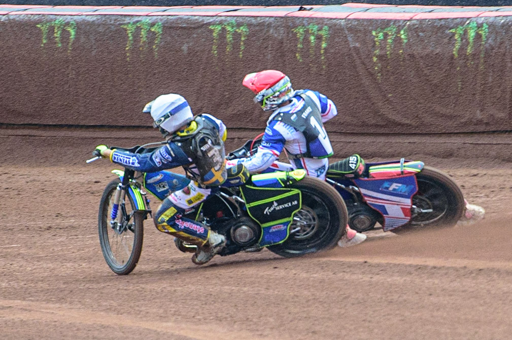 MANCHESTER, UK. OCT 17TH Philip Hellström-Bangs of Sweden (White) inside David Bellego of France (Red) during the Monster Energy FIM Speedway of Nations at the National Speedway Stadium, Manchester on Sunday  17th October 2021. (Credit: Ian Charles | MI News)