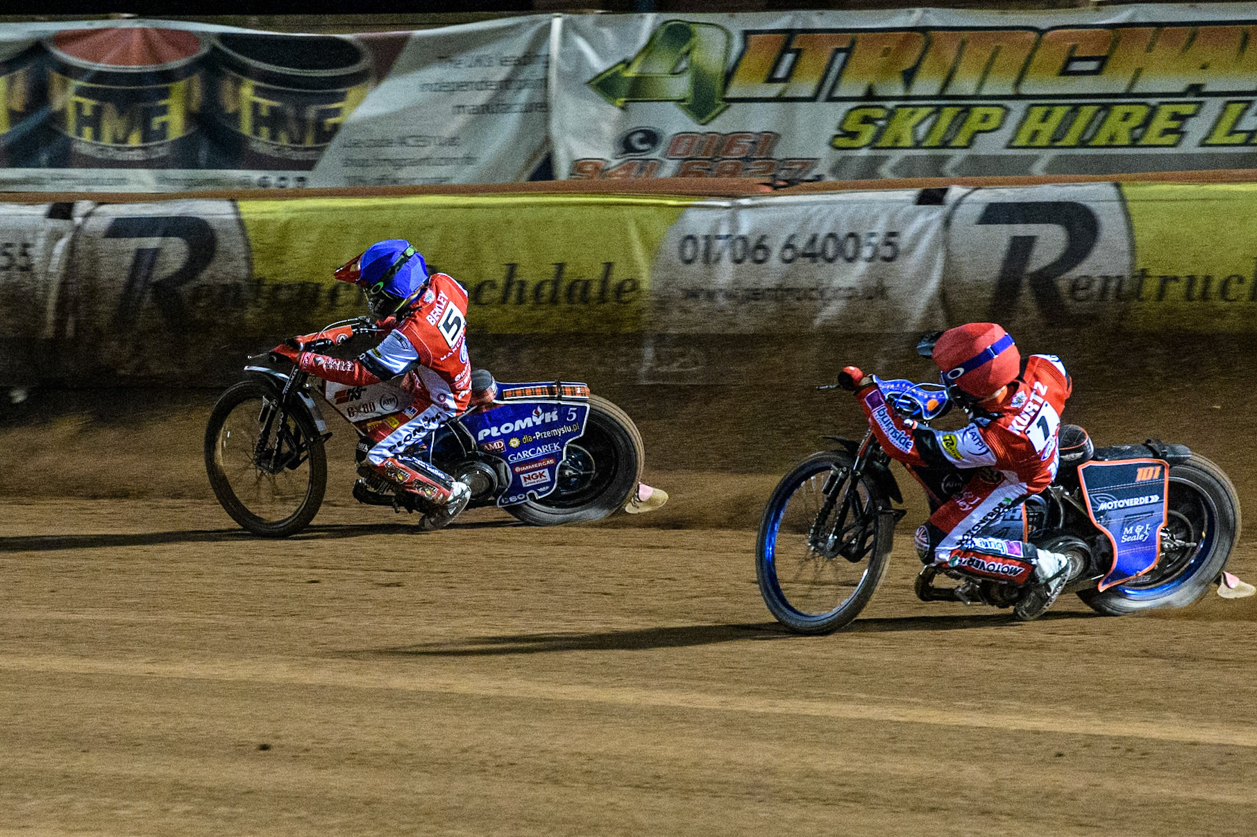 Belle Vue Aces' Brady Kurtz  in Red chases team mate Dan Bewley  in Blue during the Rowe Motor Oil Premiership Play Off Semi Final 2, 1st Leg match between Belle Vue Aces and Sheffield Tigers at the National Speedway Stadium, Manchester on Monday 16th September 2024. (Photo: Ian Charles | MI News)