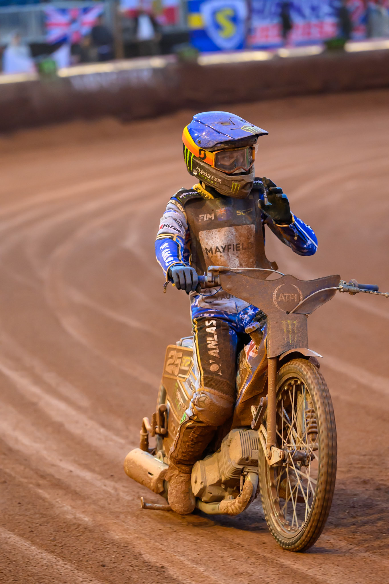 Jack Holder (25) of Australia waves to the fans after his third place in the Final during the ATPI  FIM Speedway GP of Manchester at the National Speedway Stadium, Manchester on Friday 5th June 2026. (Photo: Ian Charles | MI News)