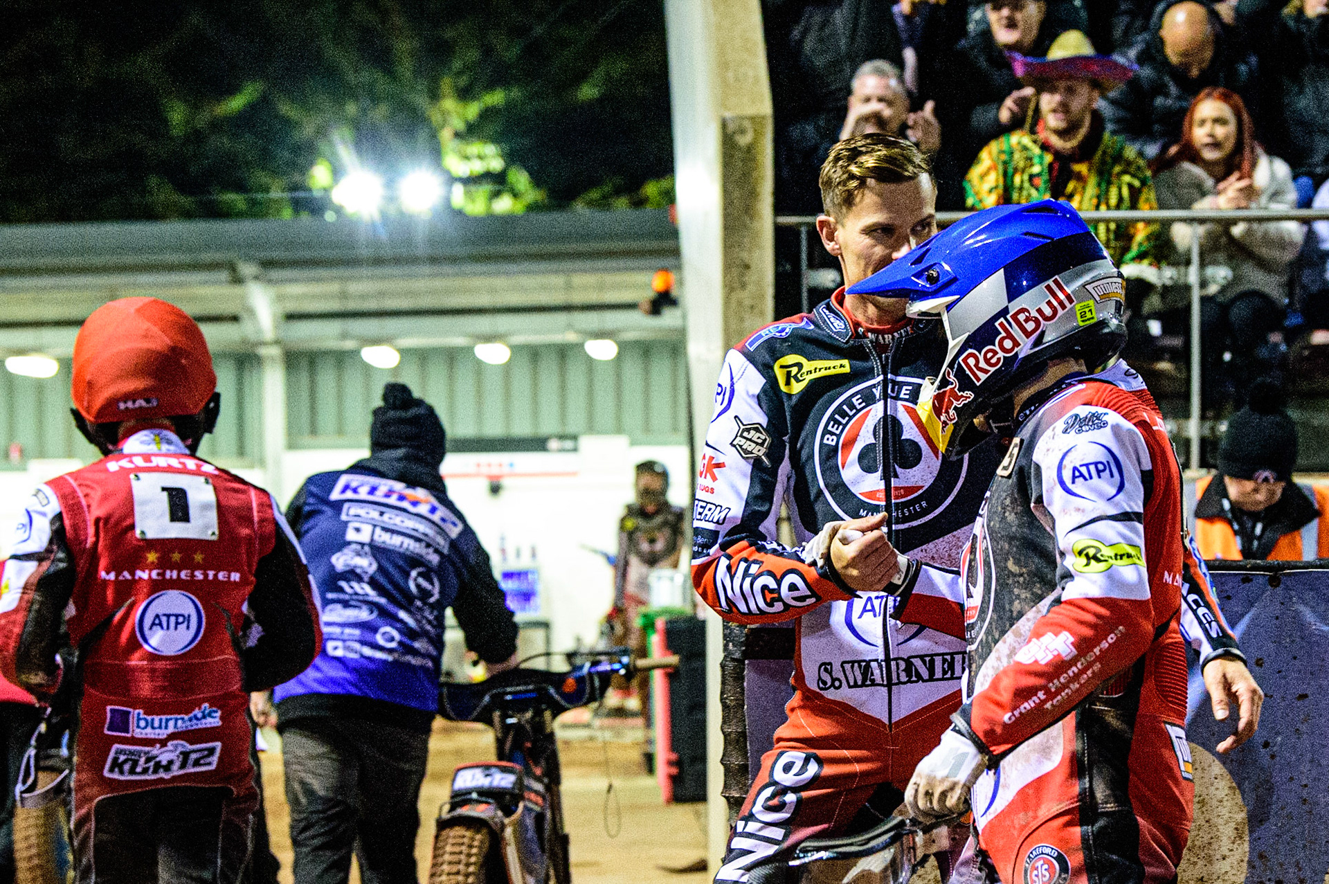 Matej Zagar  (left) congratulates Robert Lambert   after the Aces take a 5-1 heat win during the SGB Premiership Grand Final 1st leg between Belle Vue Aces and Sheffield Tigers at the National Speedway Stadium, Manchester on Monday 10th October 2022. (Credit: Ian Charles | MI News)
