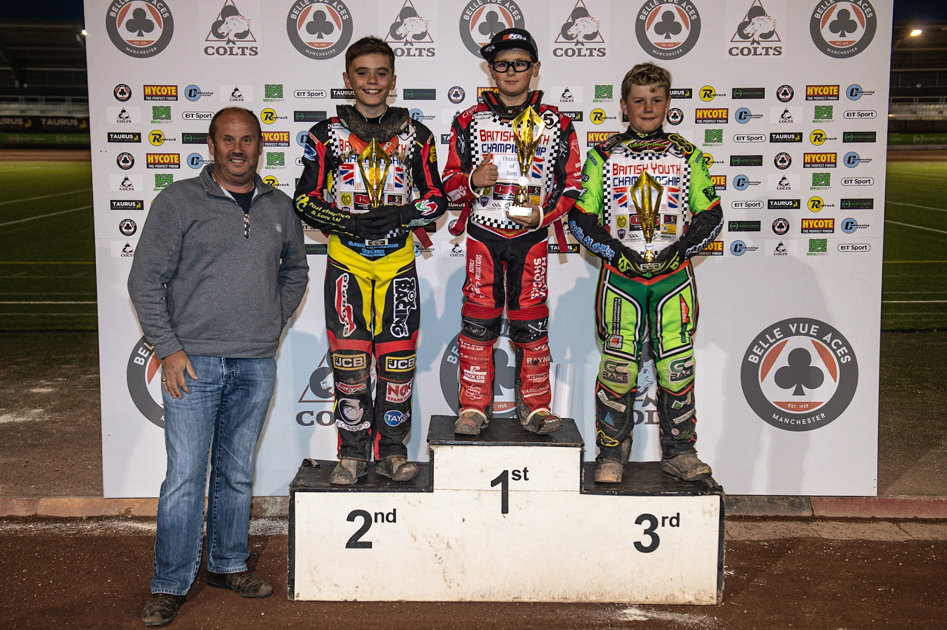 Photo: Ian Charles

Top 3 in the 125/150cc Class: (l-r) Richard Cotton (Rentruck), Max James (2nd), Max Perry (1st), Luke Harrison (3rd)

Summer Speed Saturday & British Youth Speedway Championship Round 5, National Speedway Stadium, Manchester, Saturday 22 June 2019
