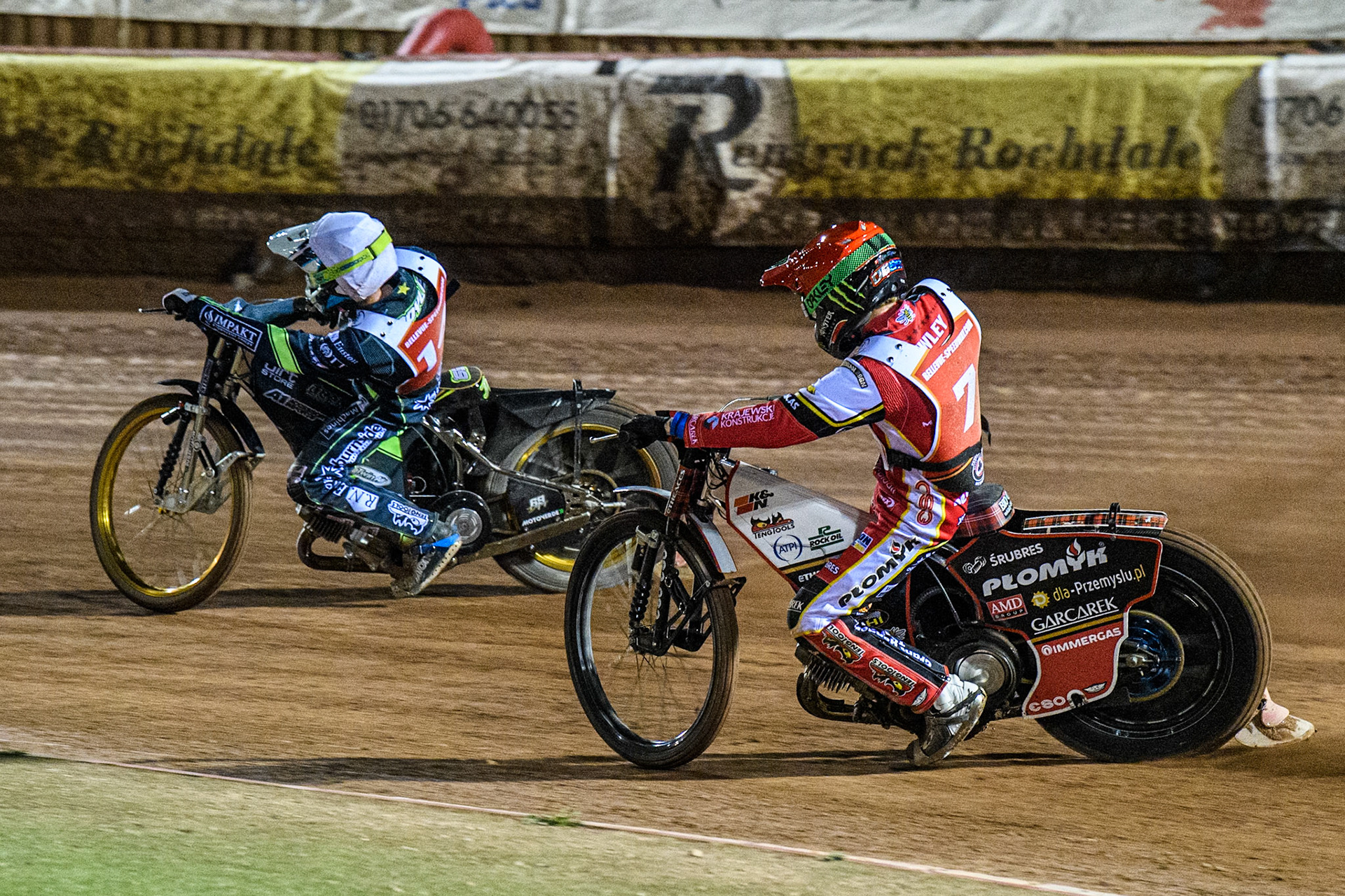 Dan Bewley in Red chases Jason Doyle in White during the Peter Craven Memorial Trophy at the National Speedway Stadium, Manchester on Monday 17th March 2025. (Photo: Ian Charles | MI News)