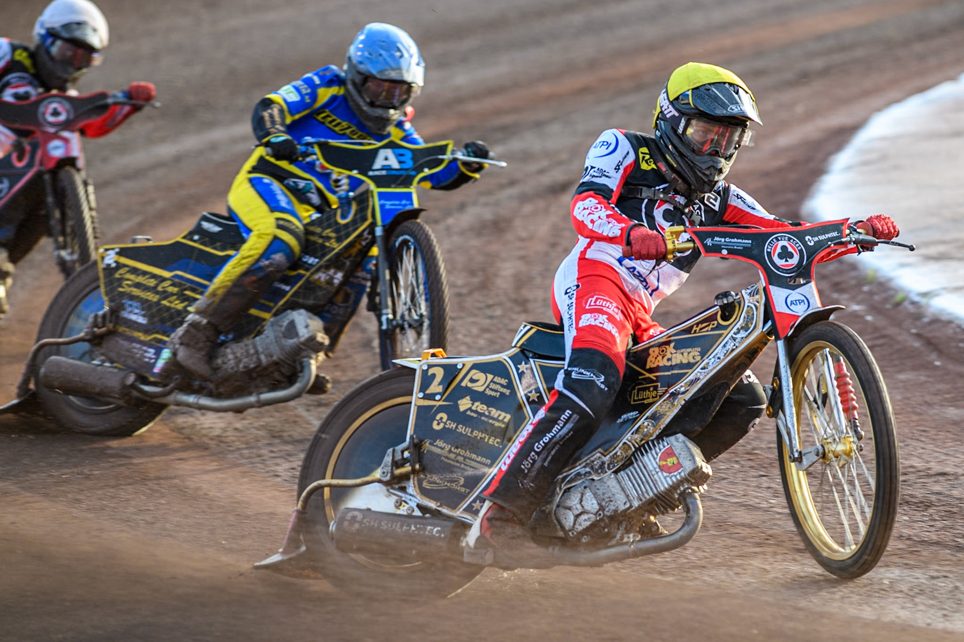 Belle Vue Aces' Norick Blodorn  in Yellow leading Sheffield Tigers' Kyle Howarth  in Blue during the Premiership KO Cup Quarter Final, 2nd Leg match between Sheffield Tigers and Belle Vue Aces at Owlerton Stadium, Sheffield on Thursday 9th May 2024. (Photo: Ian Charles | MI News)