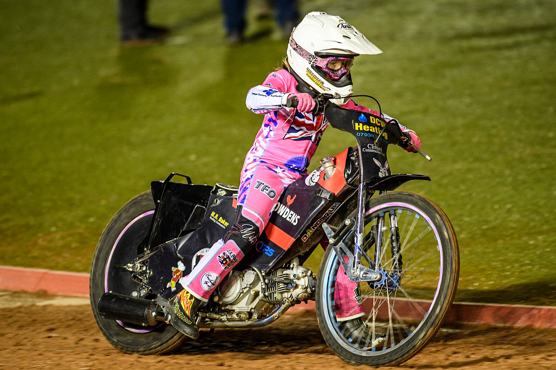 Jessica Cox does a few demonstration laps prior to the main meeting during the WSRA National Development League match between Belle Vue Colts and Sheffield Tiger Cubs at the National Speedway Stadium, Manchester on Monday 7th October 2024. (Photo: Ian Charles | MI News)