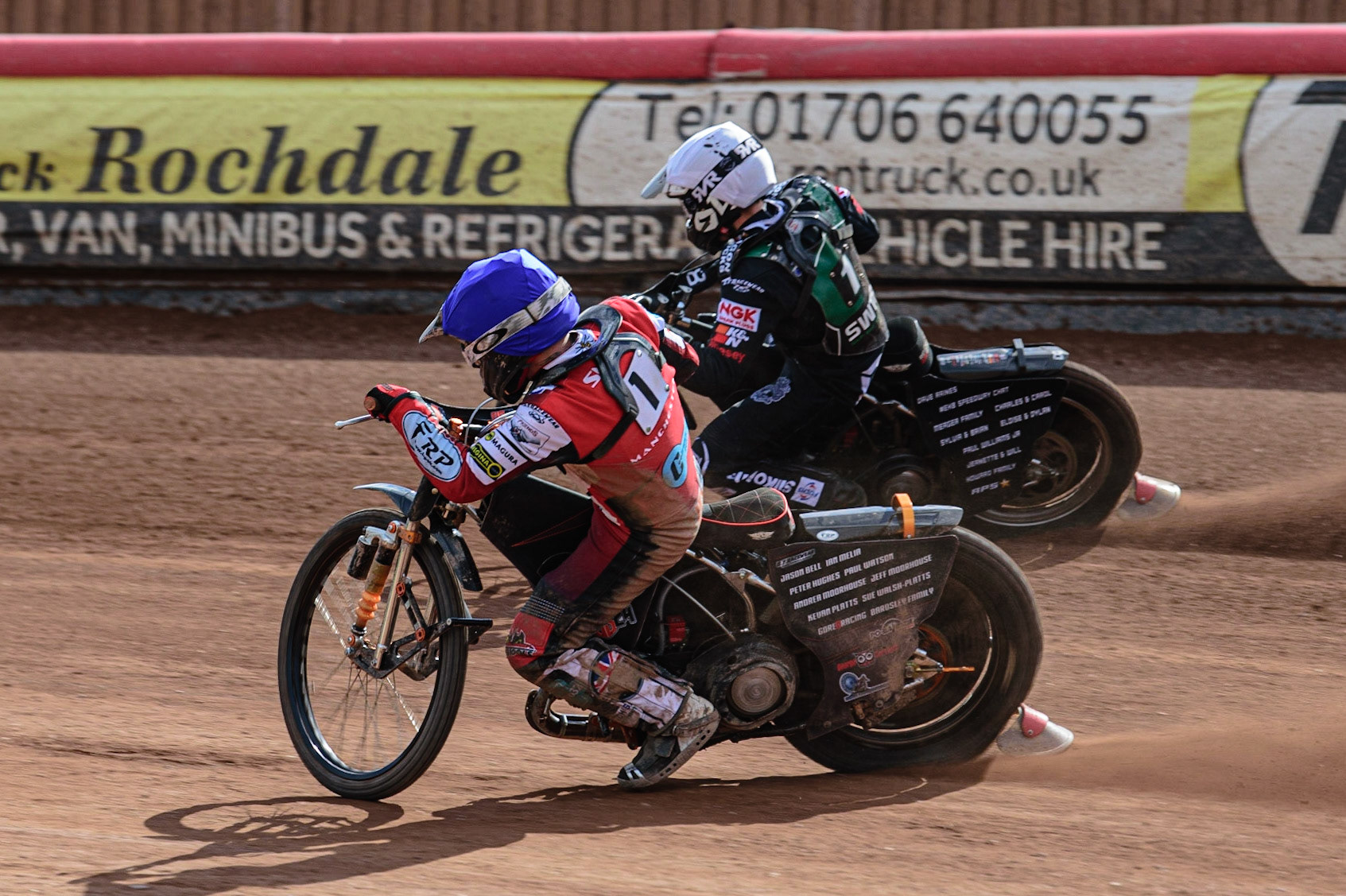 MANCHESTER, UK. APR 15TH  Jack Smith  (Blue) inside Dan Gilkes  (White)  during the National Development League match between Belle Vue Colts and Plymouth Centurions at the National Speedway Stadium, Manchester on Friday 15th April 2022. (Credit: Ian Charles | MI News)
