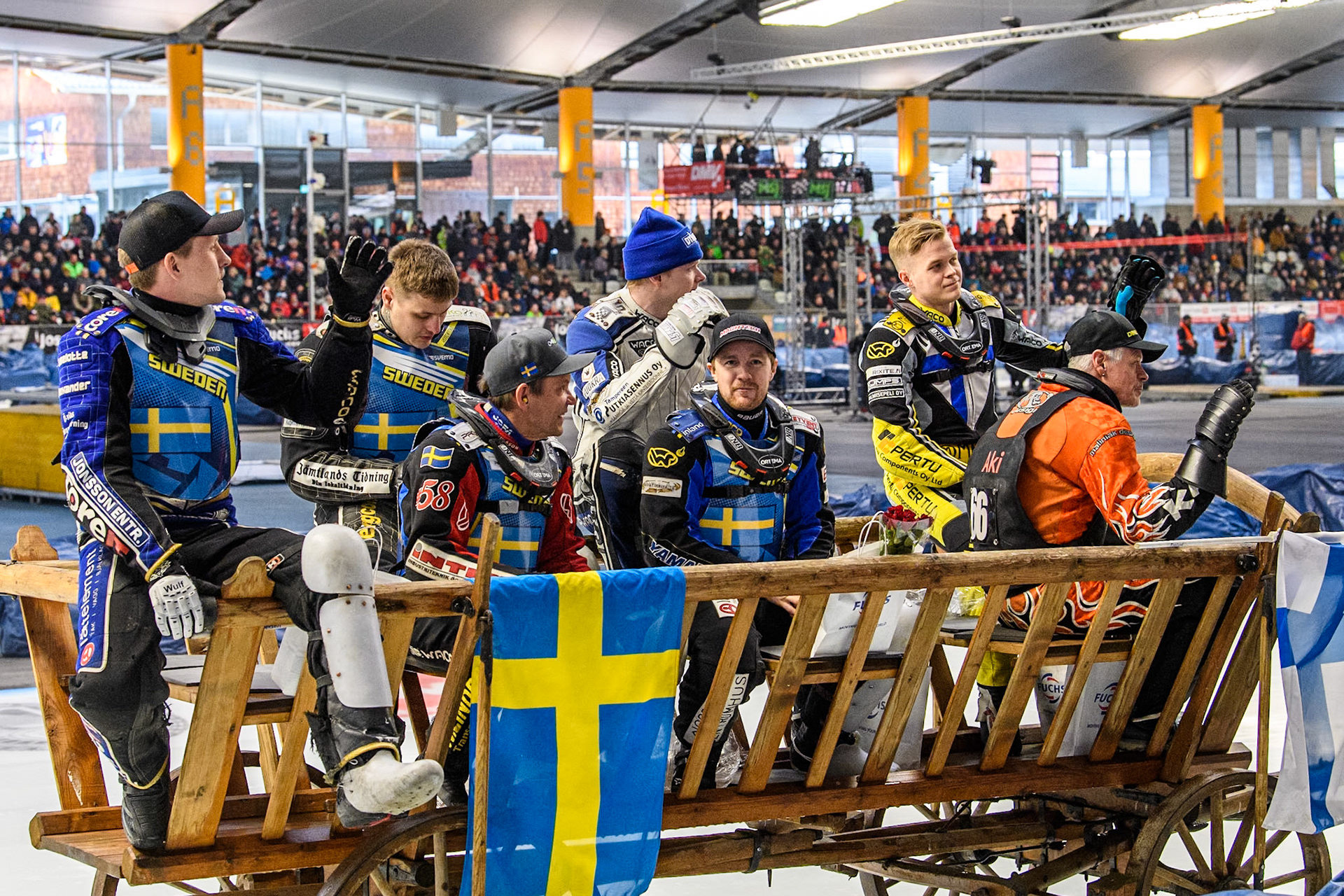The Scandinavian riders on the parade during the FIM Ice Speedway Gladiators World Championship Final 2 at the Max-Aicher-Arena, Inzell on Sunday 24 March 2024. (Photo: Ian Charles | MI News)