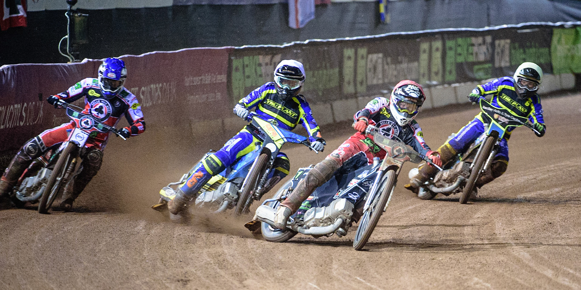 MANCHESTER, UK. OCT 7TH  Dan Bewley  (Red) leads Richie Worrall  (Blue) Adam Ellis  (White) and Danyon Hume  (Yellow) during the SGB Premiership Play off Semi-Final Second Leg between Belle Vue Aces and Sheffield Tigers at the National Speedway Stadium, Manchester on Thursday 7th October 2021. (Credit: Ian Charles | MI News)