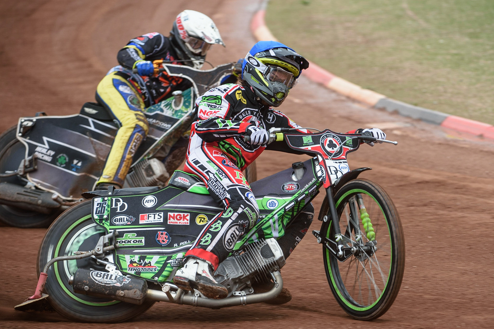 MANCHESTER, UK. AUGUST 30TH Charles Wright  (Blue) outside Richard Lawson  (White) during the SGB Premiership match between Belle Vue Aces and Wolverhampton Wolves at the National Speedway Stadium, Manchester on Monday 30th August 2021. (Credit: Ian Charles | MI News)