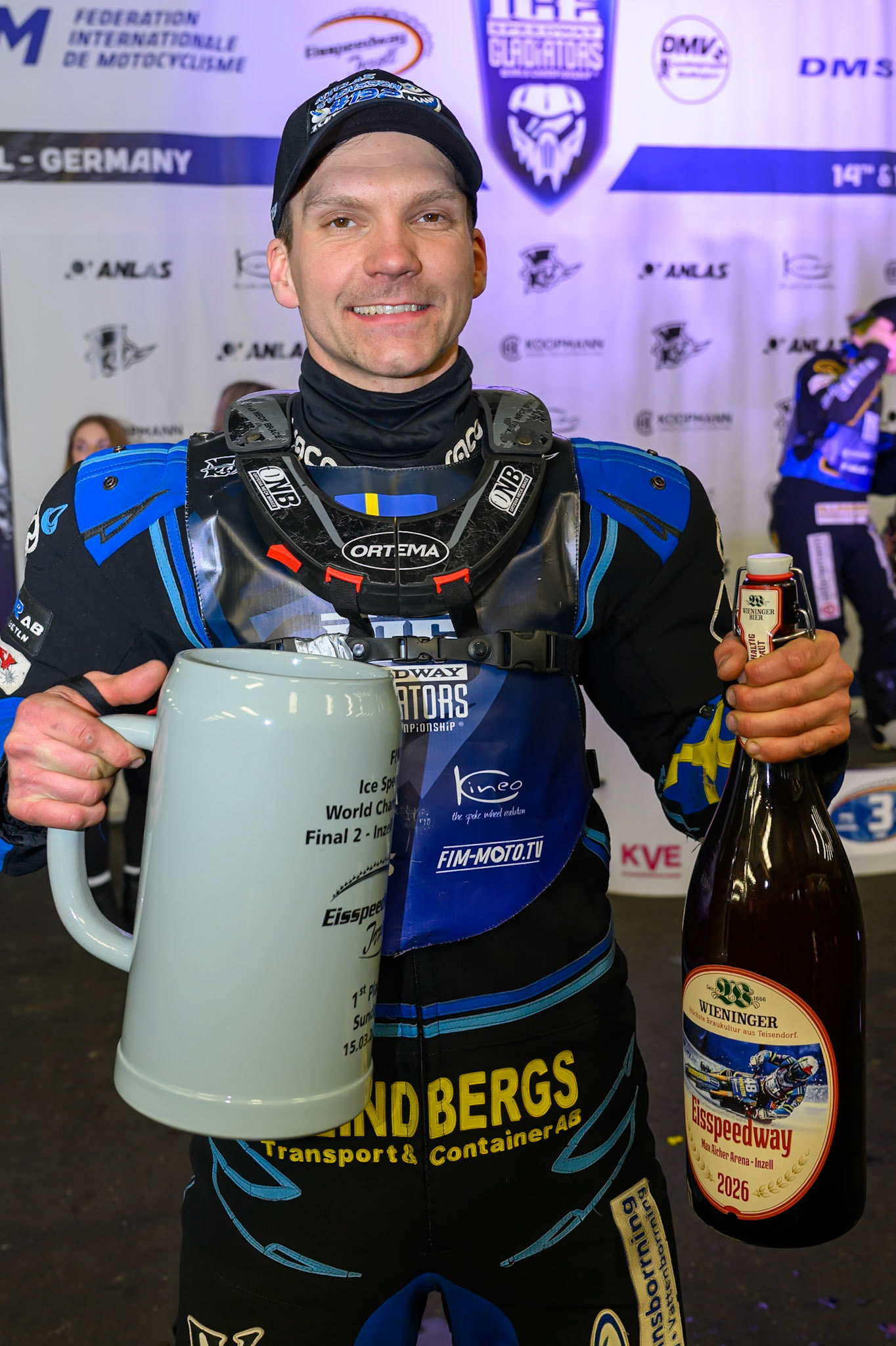 Sunday's winner Niclas Svensson (192) of Sweden  with his trophies during the Ice Speedway Gladiators World Championship Final 2 at Max-Aicher-Arena, Inzell on Sunday 15th March 2026. (Photo: Ian Charles | MI News)