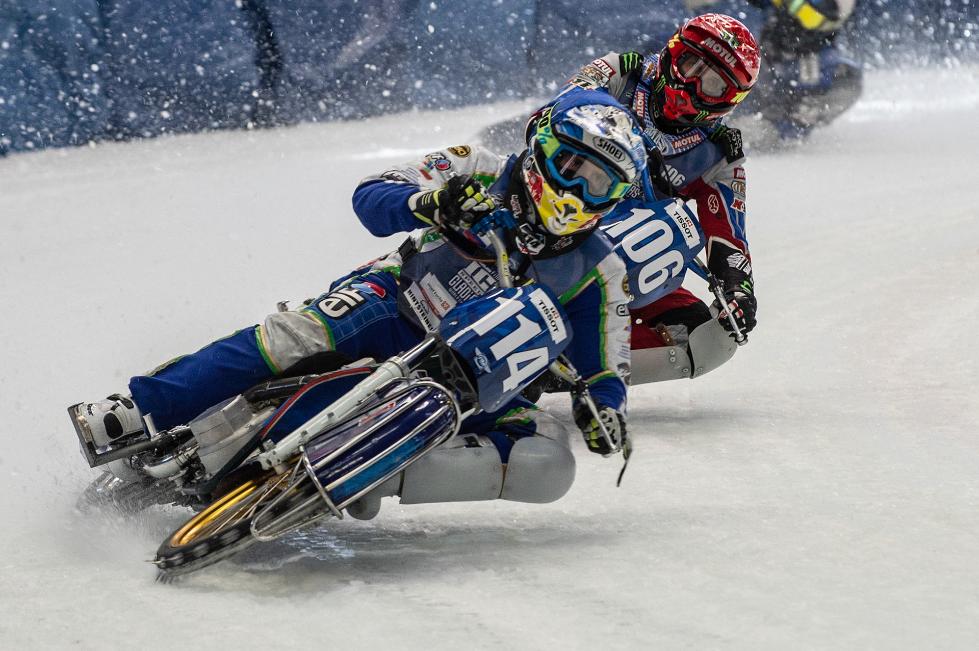 Photo: Ian Charles

Dinar Valeev (114) leads Dmitri Koltakov (106) in Semi Final 1

FIM Ice Speedway Gladiators World Championship, Event 4.2, Max-Aicher-Arena, Inzell, Germany, Sunday 17 March 2019