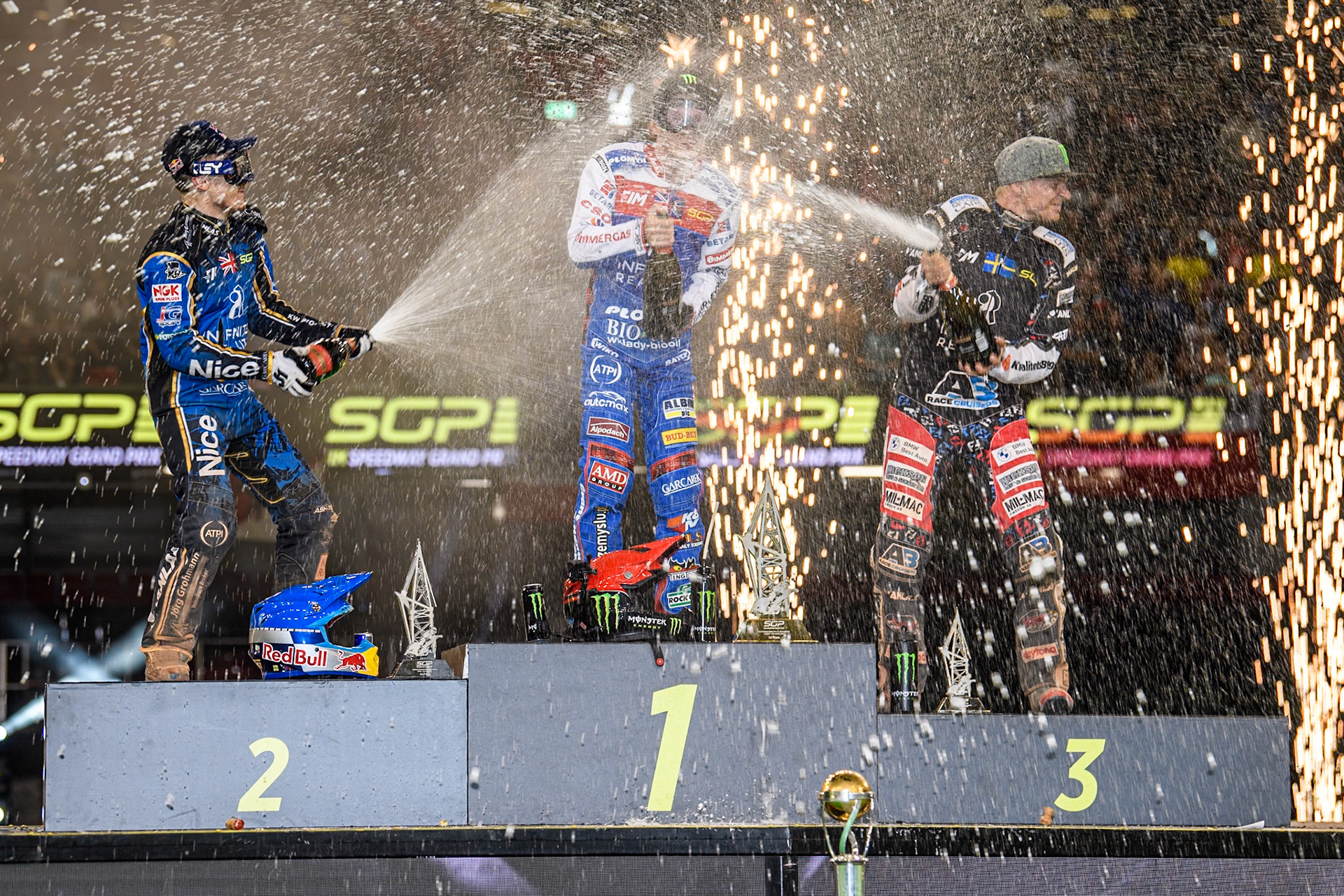 Champagne capers on the rostrum during the FIM Speedway Grand Prix of Great Britain at The Principality Stadium, Cardiff on Saturday 17th August 2024. (Photo: Ian Charles | MI News)