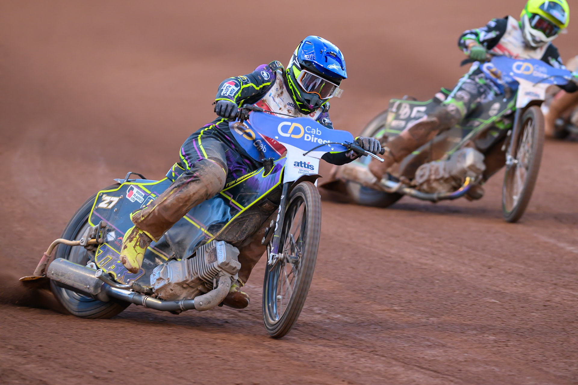Tom Brennan (16) in Blue leading Charles Wright (11) in Yellow during the Cab Direct British Speedway Championship Final at the National Speedway Stadium, Manchester on Saturday 15th August 2026. (Photo: Ian Charles | MI News)