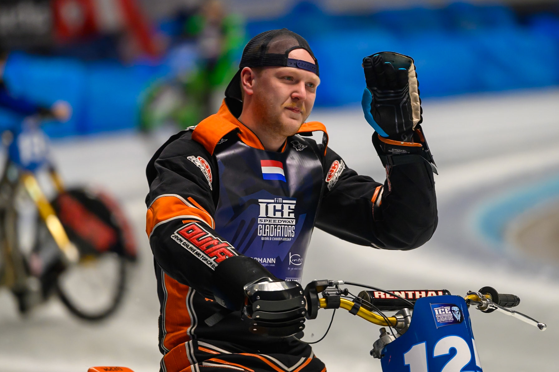 Sebastian Reitsma (125) of The Netherlands on the parade lap during the Ice Speedway Gladiators World Championship Final 1 at Max-Aicher-Arena, Inzell on Saturday 14th March 2026. (Photo: Ian Charles | MI News)