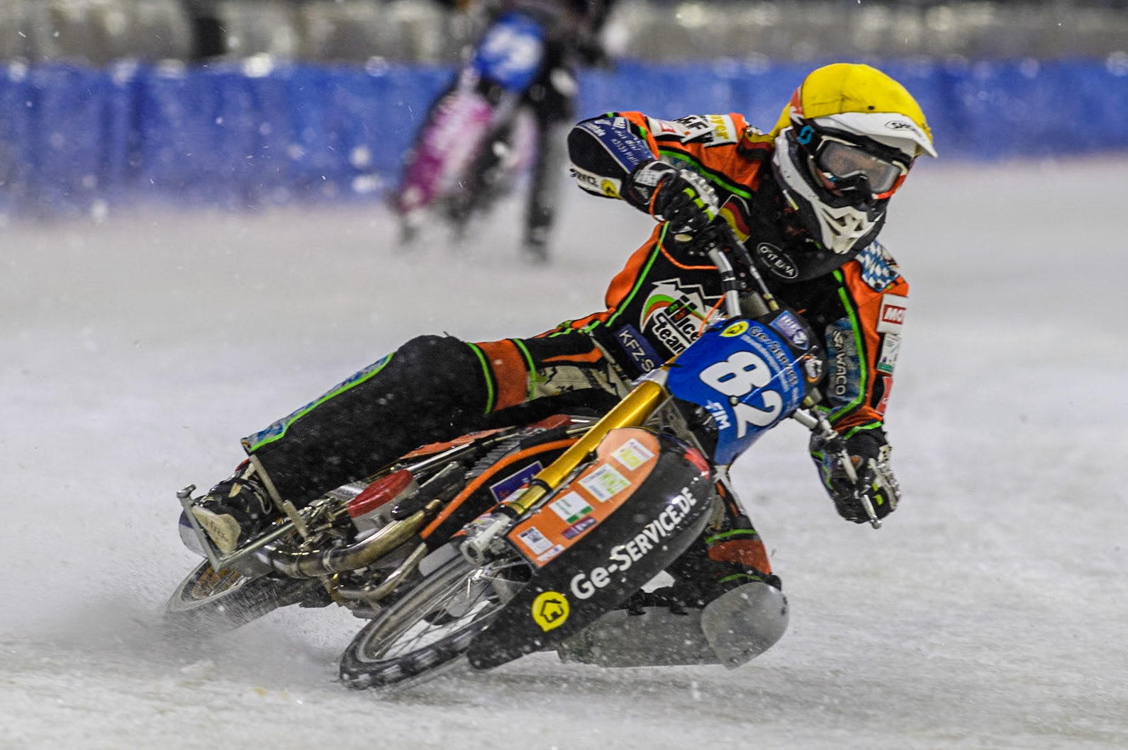 Germany's Markus Jell (82) in action during the FIM Ice Speedway Gladiators World Championship Final 3 at Ice Rink Thialf, Heerenveen on Saturday 6th April 2024. (Photo: Ian Charles | MI News)