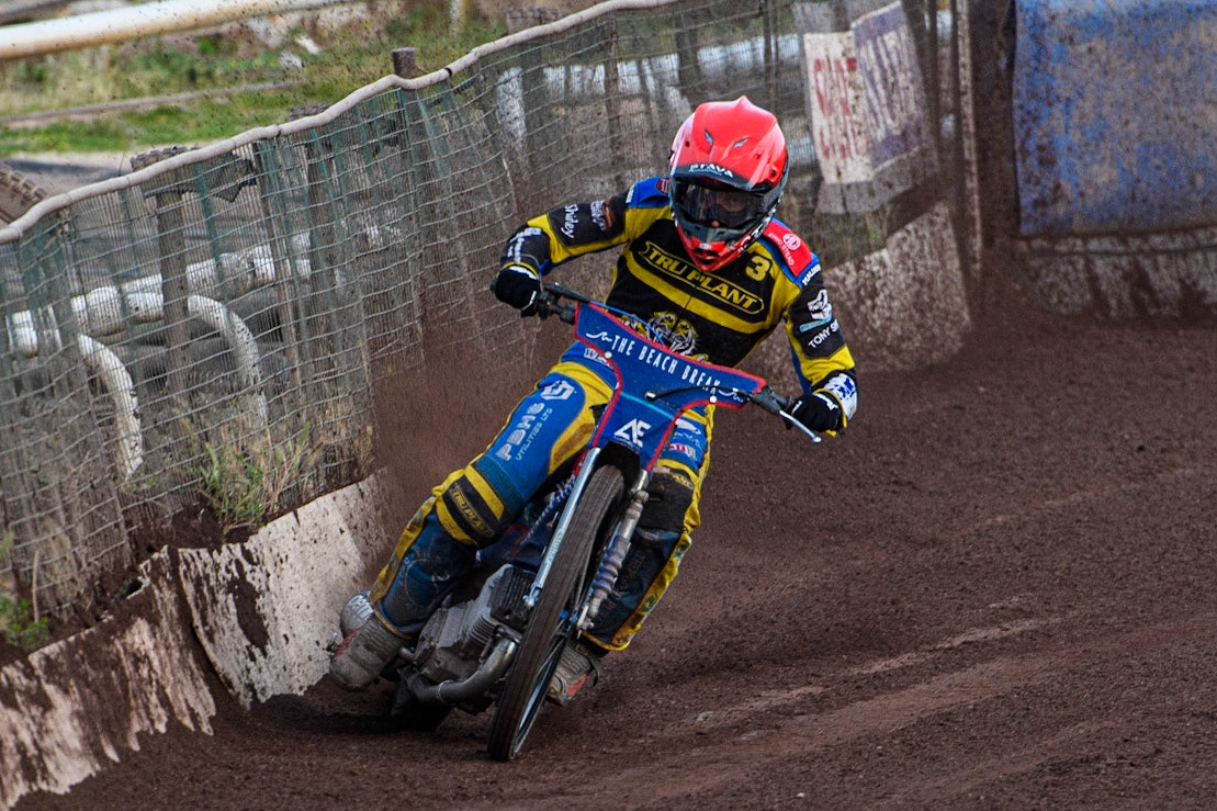 Adam Ellis in action  for Sheffield TruPlant Tigers during the Sports Insure Premiership match between Sheffield Tigers and Belle Vue Aces at Owlerton Stadium, Sheffield on Thursday 20th July 2023. (Photo: Ian Charles | MI News)