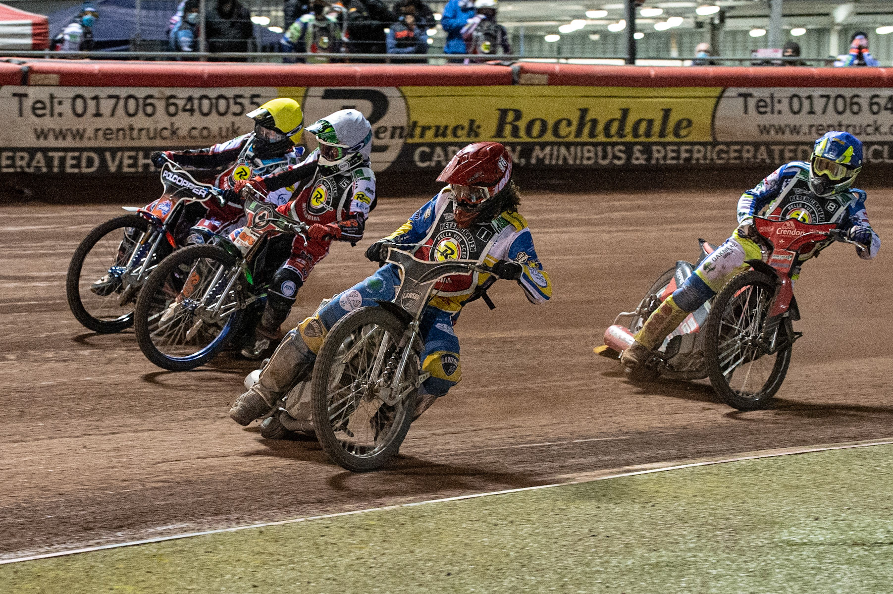 Photo: Ian CharlesRichard Lawson (Red) inside Dan Bewley (White) and Brady Kurtz (Yellow) with Chris Harris (Blue) behindPeter Craven Memorial Trophy, National Speedway Stadium, Manchester Thursday  22  October  2020
