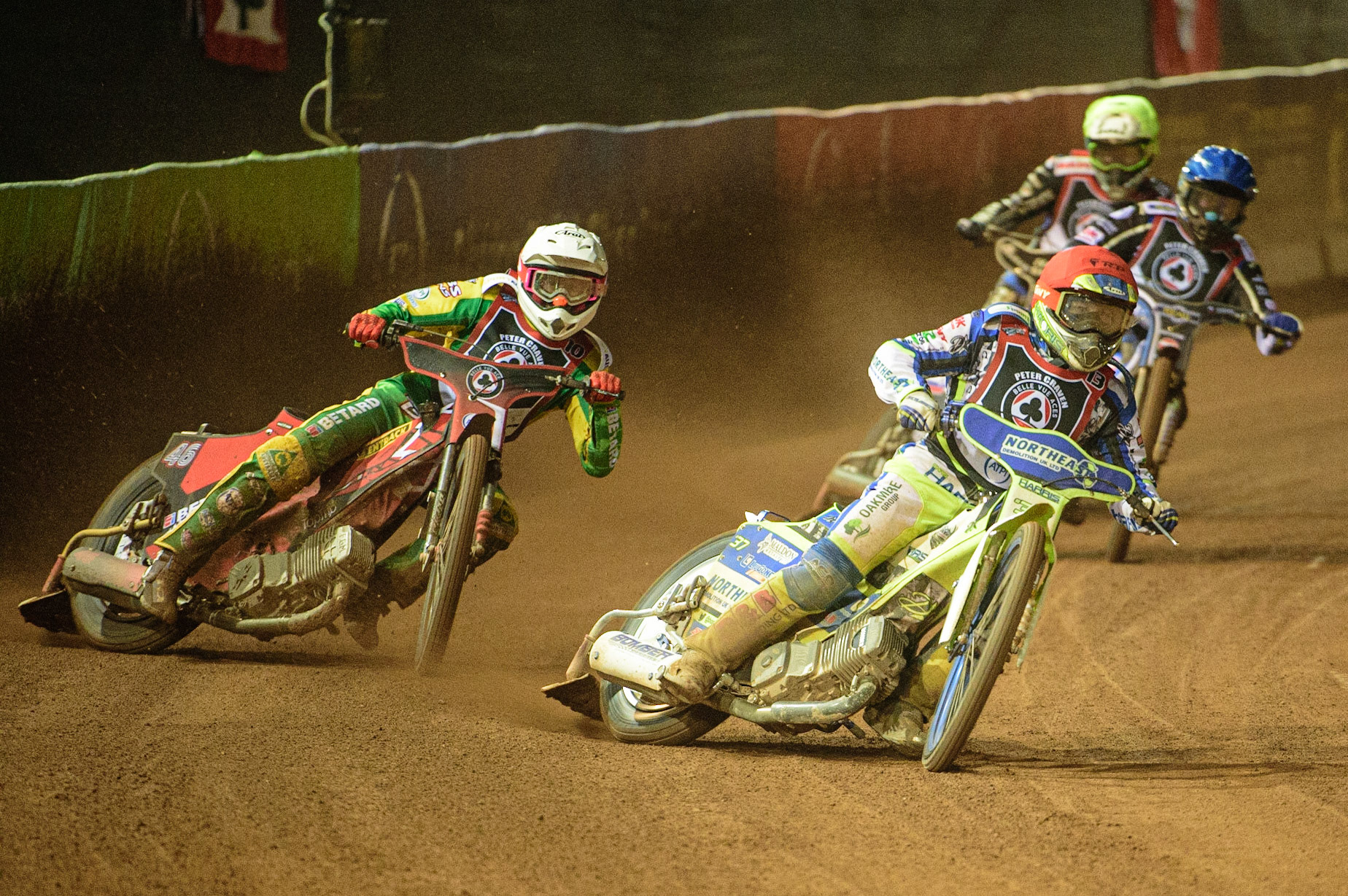 MANCHESTER, UK. MAR 21ST. Chris Harris (Red) leads Max Fricke (White), Matej Žagar  (Blue) and Jason Doyle (Yellow) during the ATPI Peter Craven Memorial Trophy at the National Speedway Stadium, Manchester on Monday 21st March 2022. (Credit: Ian Charles | MI News)