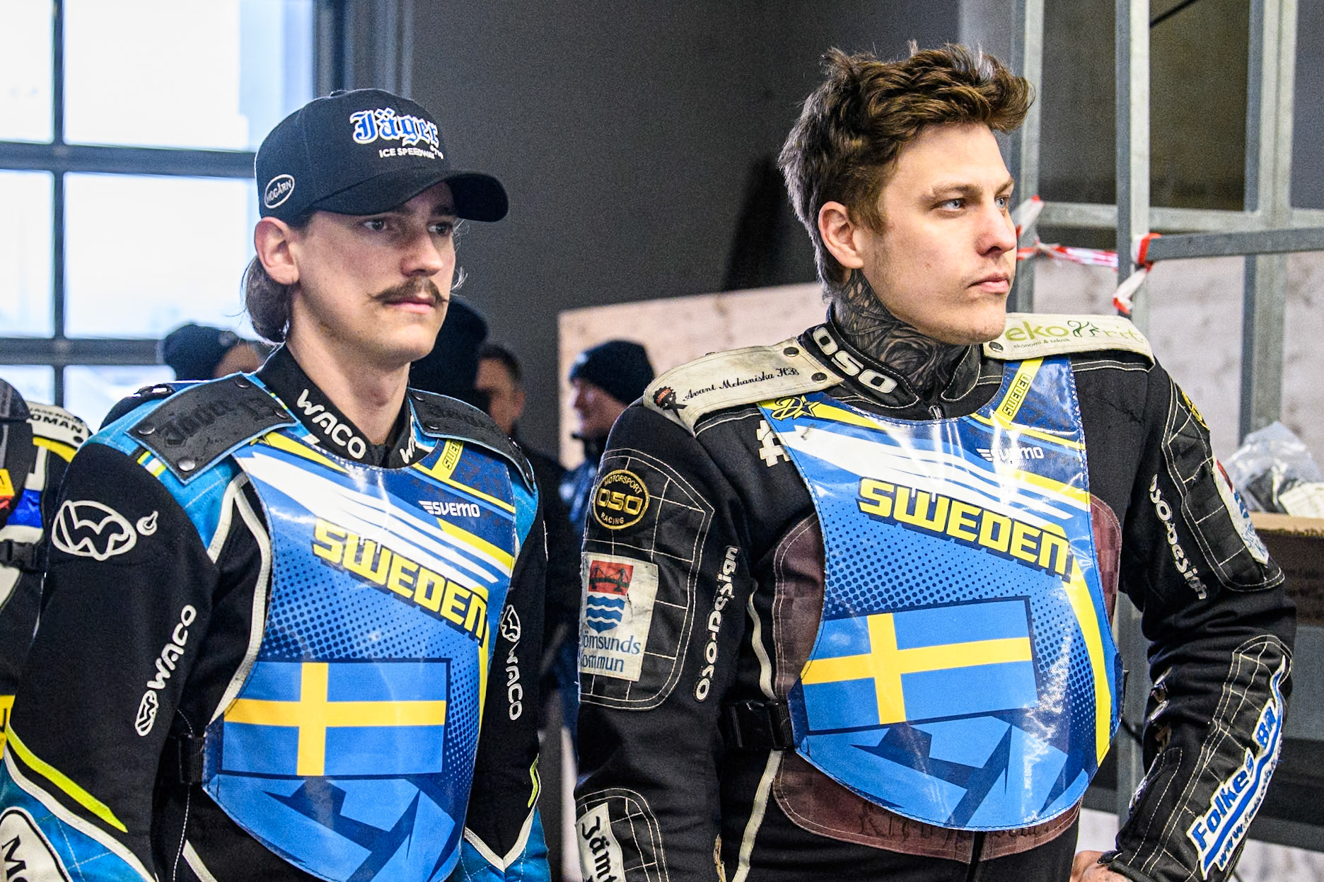 Filip Jäger (719) (Left) and Jimmy Olsén (81) of Sweden during practice for  the Ice Speedway Gladiators World Championship Finals 1 &amp; 2 at Max-Aicher-Arena, Inzell on Friday 14th March 2025. (Photo: Ian Charles | MI News)