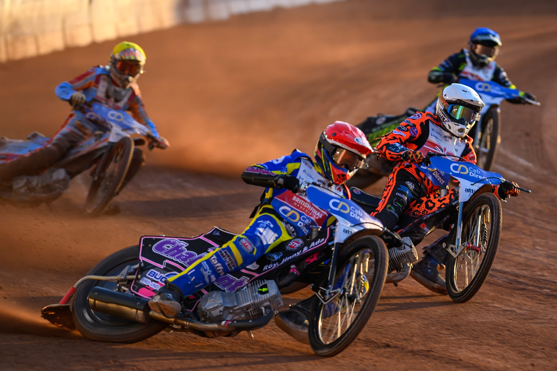 Leon Flint (14) in Red leading Cooper Rushen (2) in White , Danny King (10) in Blue  and Drew Kemp (6) in Yellow during the Cab Direct British Speedway Championship Final at the National Speedway Stadium, Manchester on Saturday 15th August 2026. (Photo: Ian Charles | MI News)