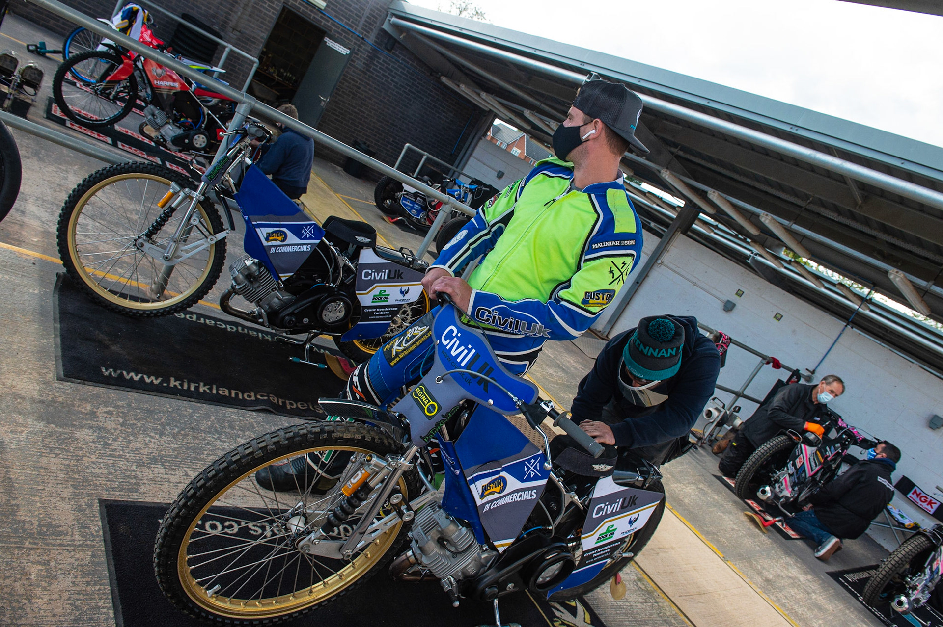 Photo: Ian CharlesRichie Worrall of the 'ATPI' All Stars warms his bike up before practiceBelle Vue ‘Bikerite ’Aces v ‘ATPI’ All Stars, Premiership Challenge, National Speedway Stadium, Manchester Thursday  24  September  2020