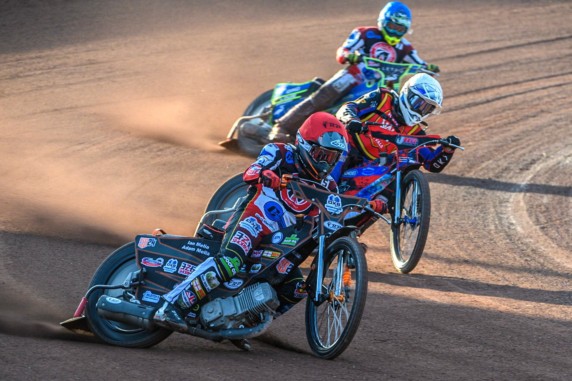 Jack Smith (Red) leads Jacob Hook (White) with Luke Muff(Blue) behind during the National Development League match between Belle Vue Colts and Kent Royals at the National Speedway Stadium, Manchester on Friday 7th July 2023. (Photo: Ian Charles | MI News)