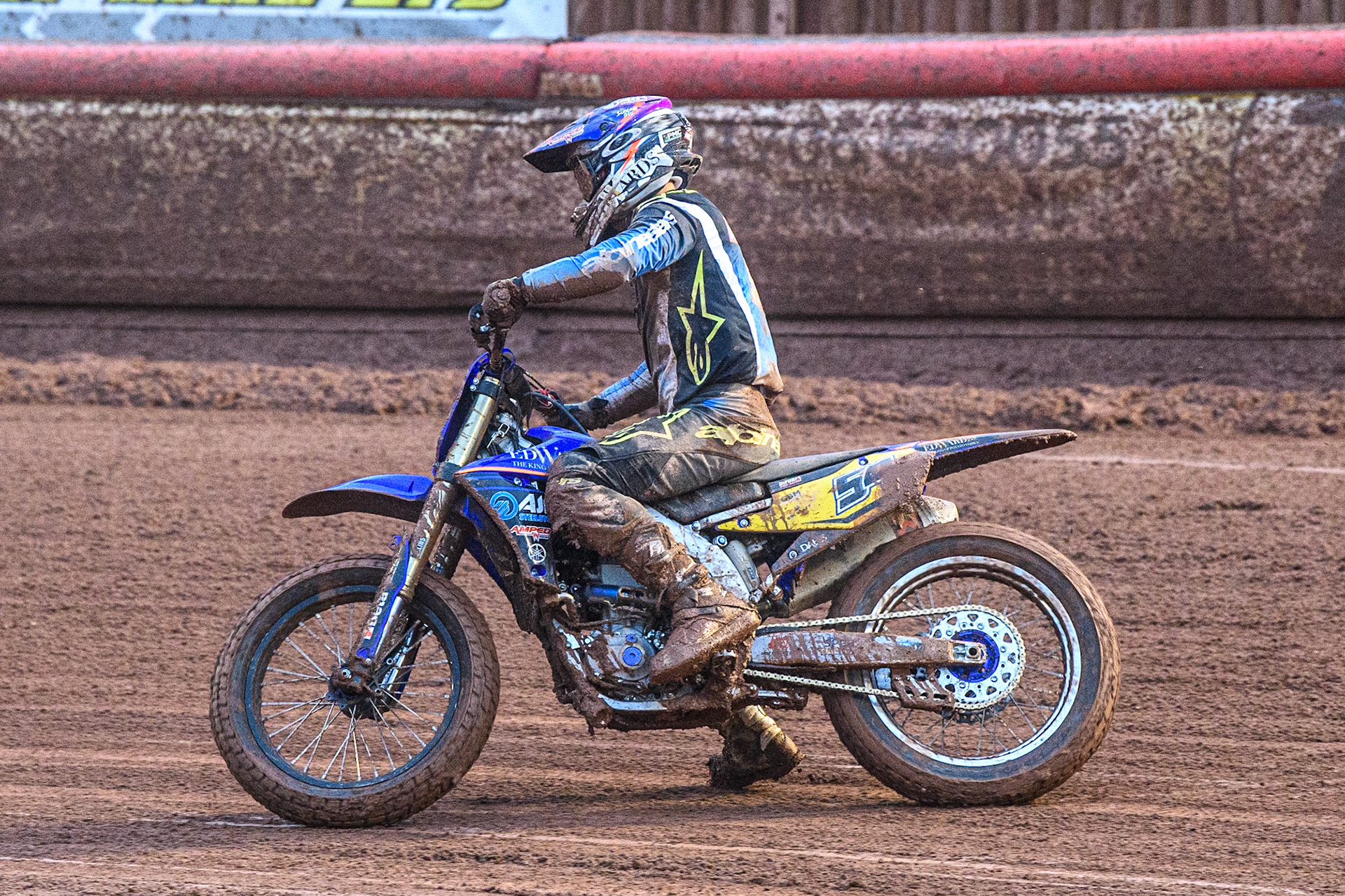 Tim Neave (54) from Great Britain tries to restart his bike during the race during the FIM World Flat Track Championship Round 1 at the National Speedway Stadium, Manchester on Saturday 5th August 2023. (Photo: Ian Charles | MI News)