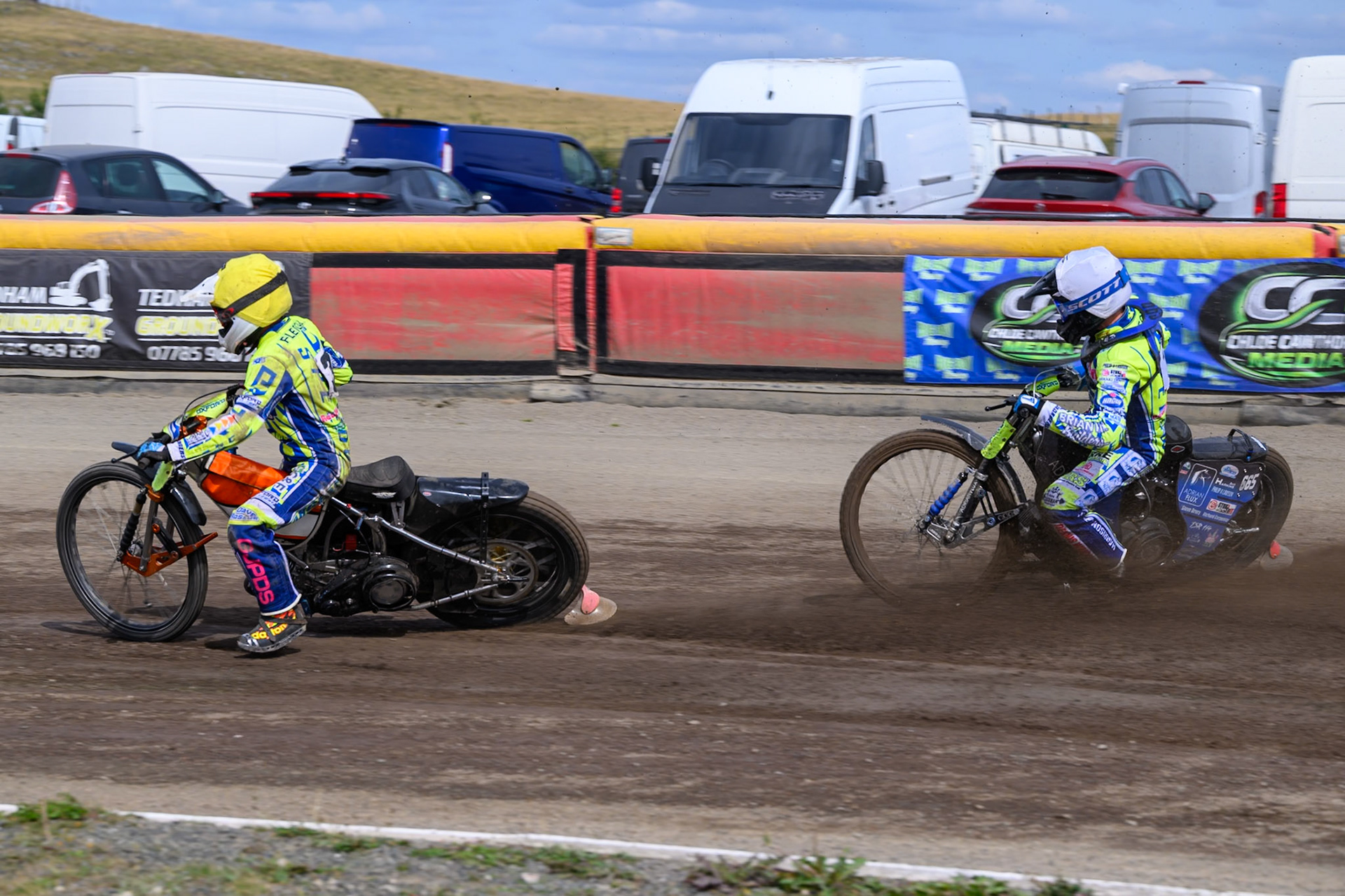 Harry Fletcher of Oxford Chargers in Yellow leading team mate Jody Scott of Oxford Chargers in White  during the WSRA National Development League match between Buxton Bulls and Oxford Chargers at Hi-Edge Speedway, Buxton on Sunday 2nd August 2026. (Photo: Ian Charles | MI News)